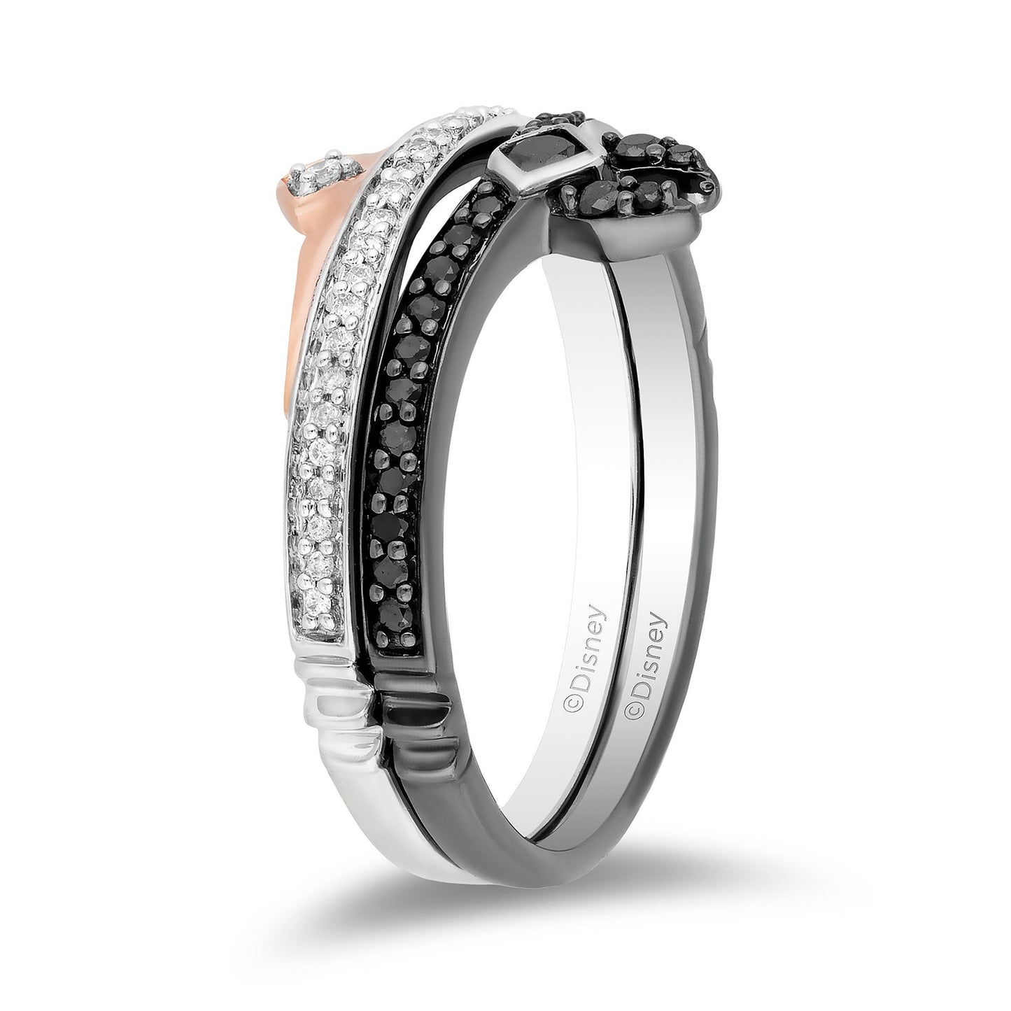 Enchanted Disney Fine Jewelry Black Rhodium over Sterling Silver and 10K Rose Gold 1/4 CTTW Black Diamond and White Diamond Aurora Duo Set Ring