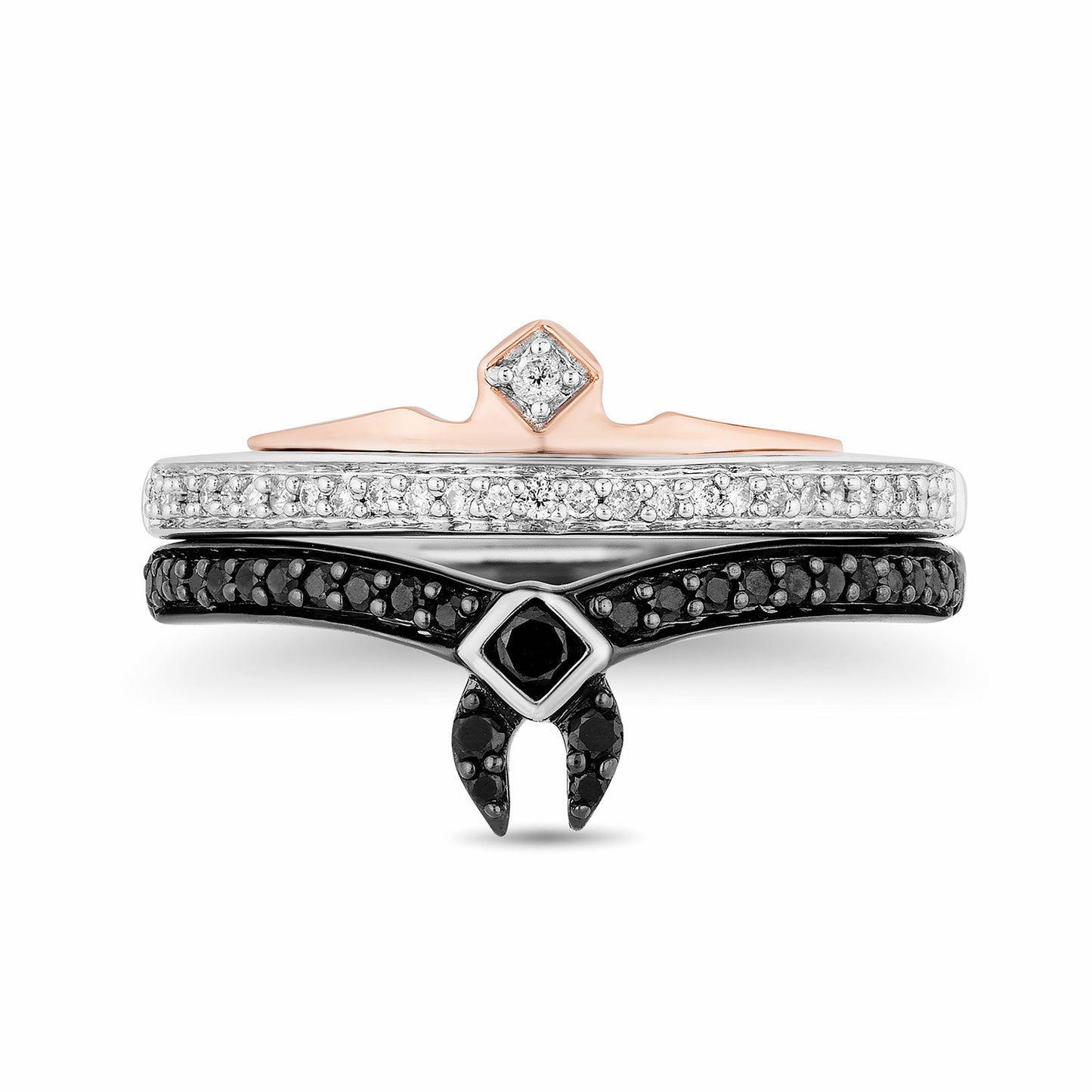 Enchanted Disney Fine Jewelry Black Rhodium over Sterling Silver and 10K Rose Gold 1/4 CTTW Black Diamond and White Diamond Aurora Duo Set Ring