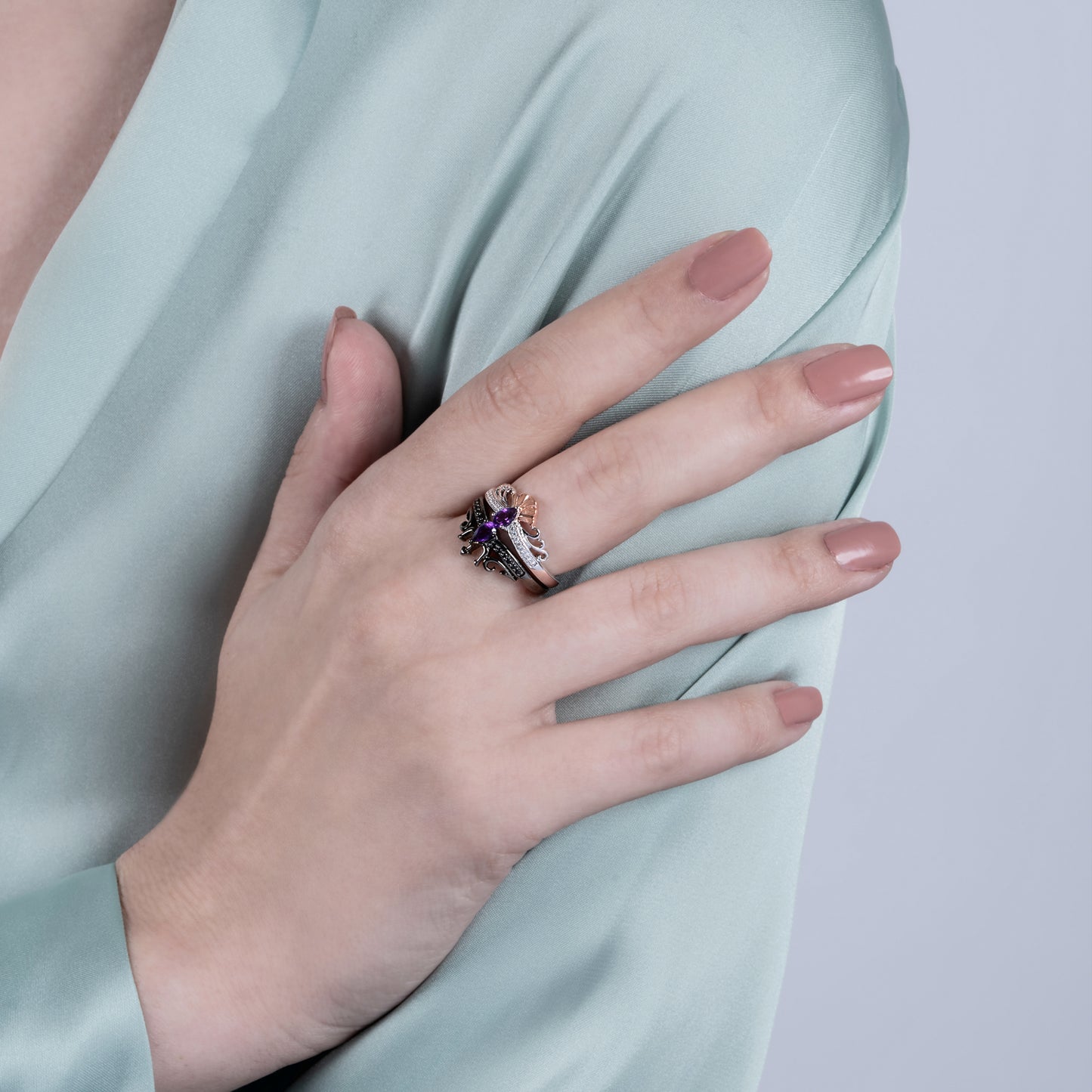 Enchanted Disney Fine Jewelry Black Rhodium and 14K Rose Gold over Sterling Silver With 1/6 CTTW Black and White Diamond and Pear Amethyst Ariel and Ursula Villains Duo Stack Ring