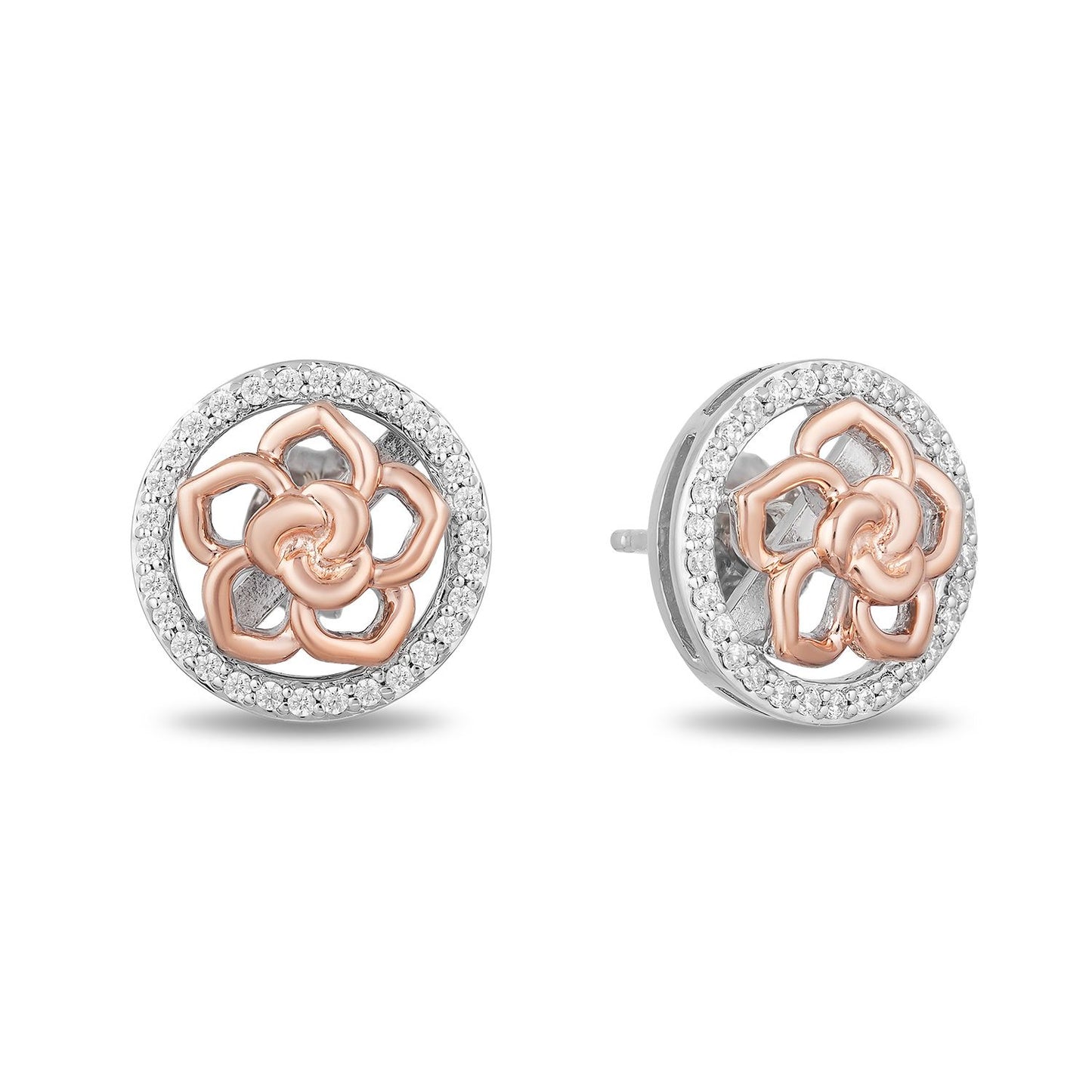Enchanted Disney Fine Jewelry 14K Rose Gold Over Sterling Silver 1/4 CTTW Natural White Round Diamond Belle Stud Earrings