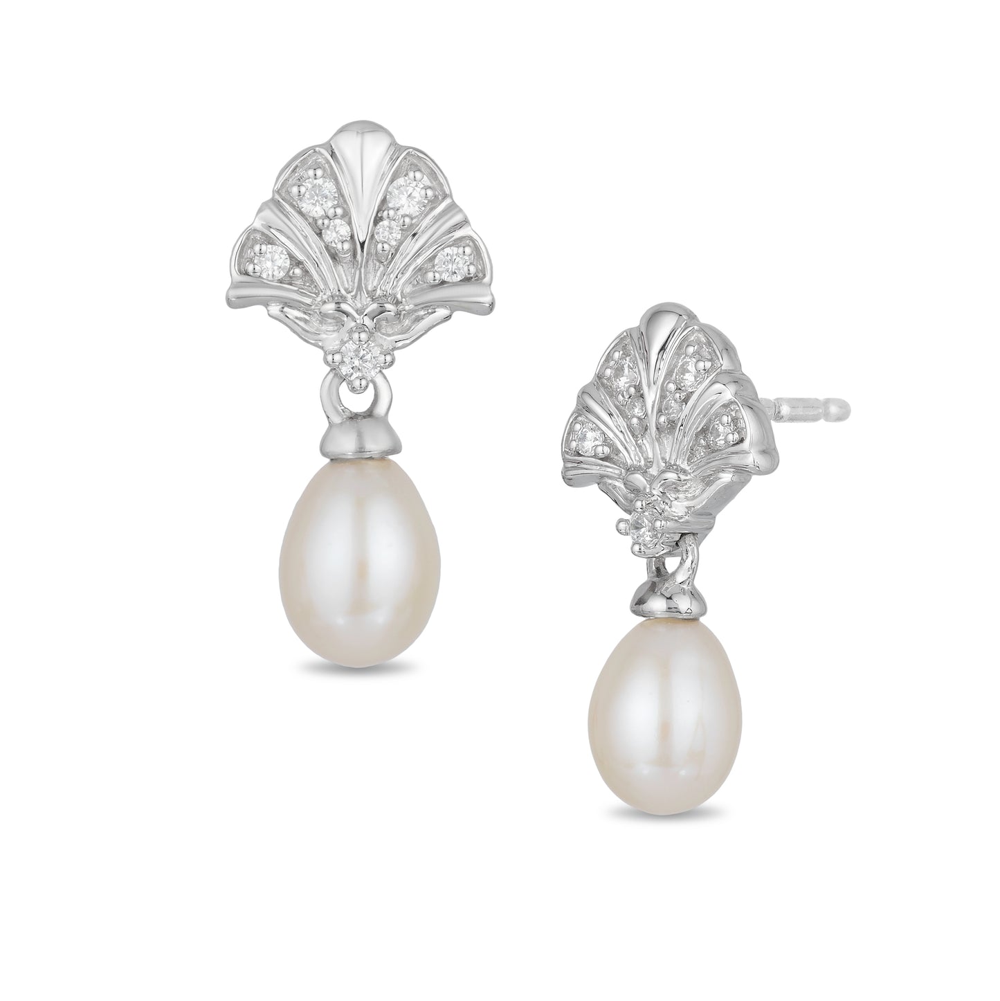 Enchanted Disney Fine Jewelry Sterling Silver with 1/10 CTTW Diamond and White Pearl Ariel Shell Fashion Earrings