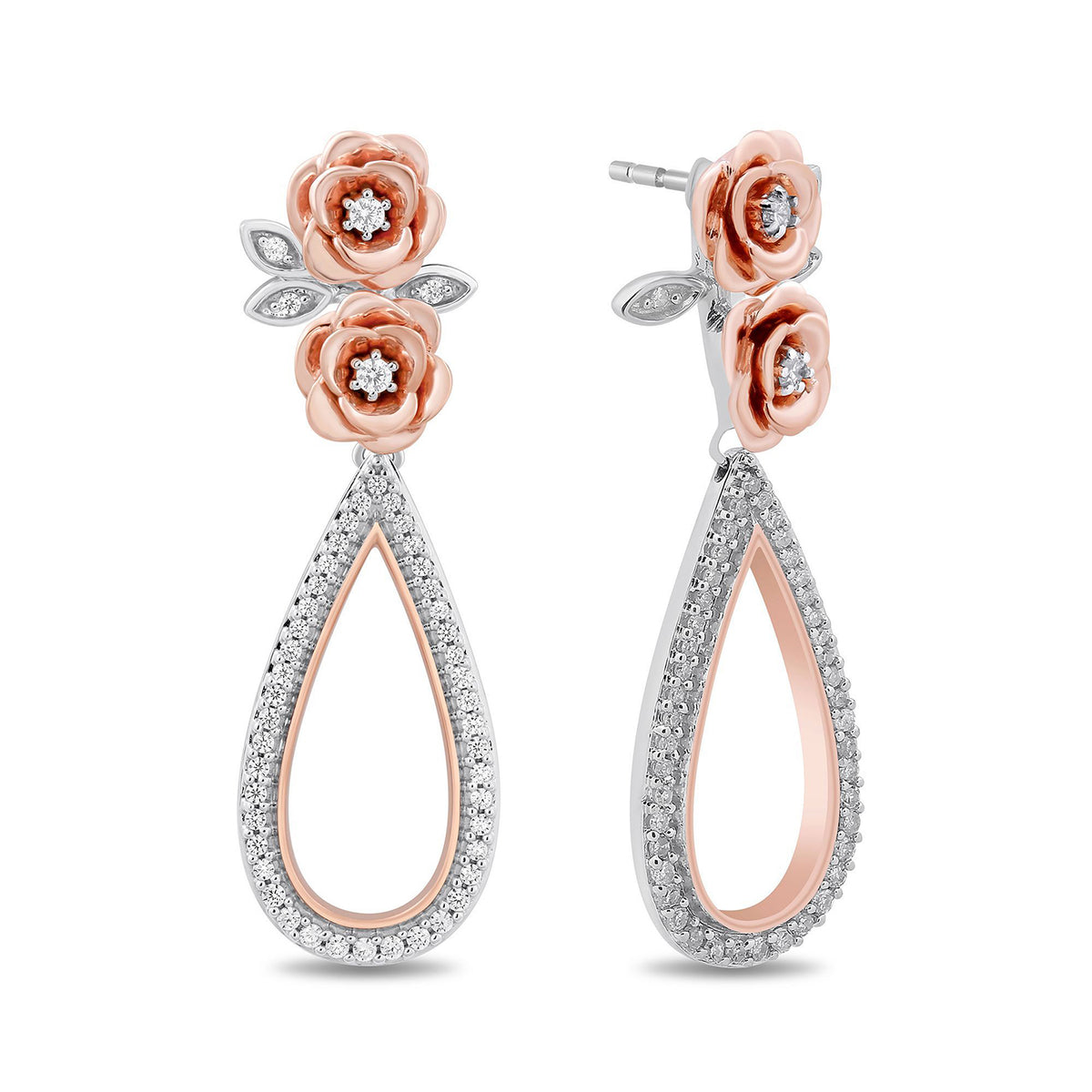 Enchanted Disney Fine Jewelry 14K Rose Gold over Sterling Silver with 1/2  CTTW Belle Rose Drop Earrings