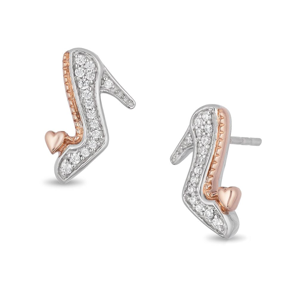 Enchanted Disney Fine Jewelry Sterling Silver and 10K Rose Gold with 1/10 CTTW Diamond Cinderella Slipper Earrings