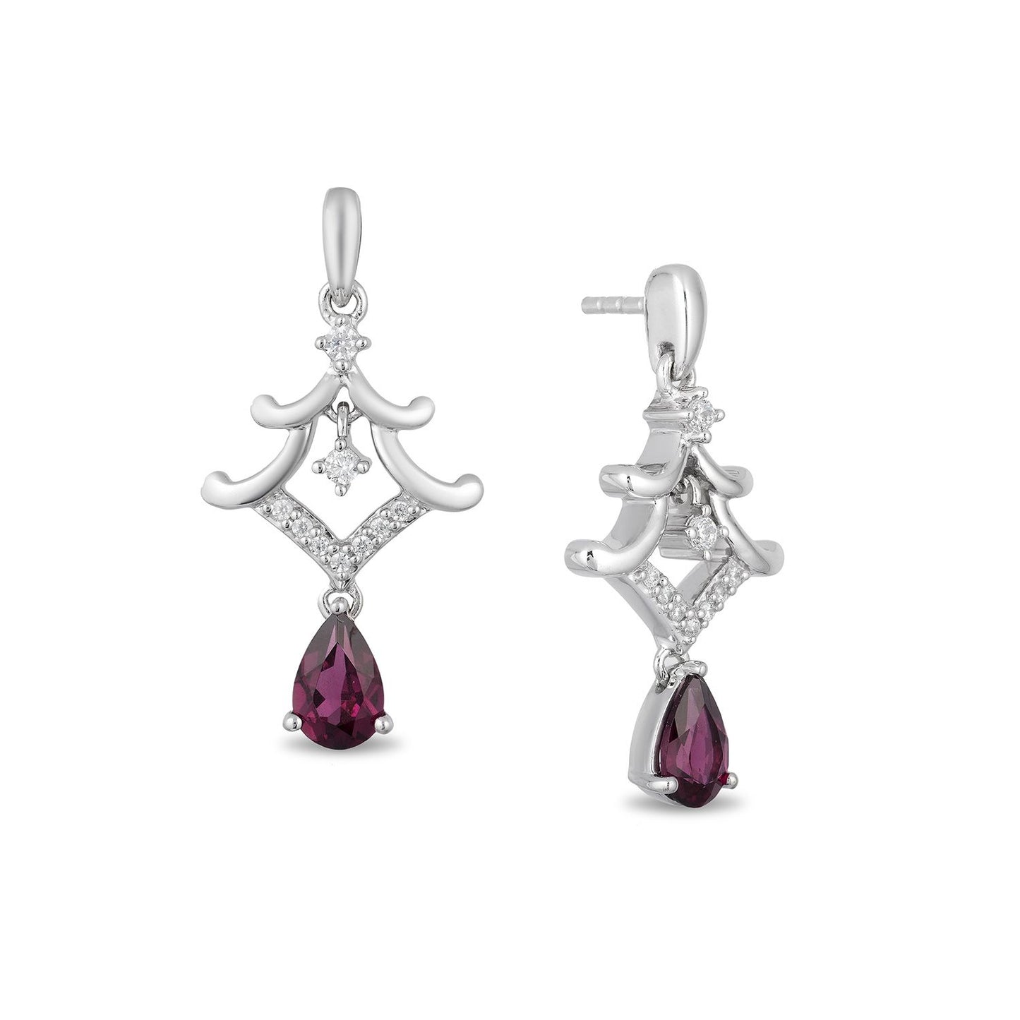Enchanted Disney Fine Jewelry Sterling Silver with 1/10 CTTW Diamond and Rhodolite Garnet Mulan Pagoda Earrings
