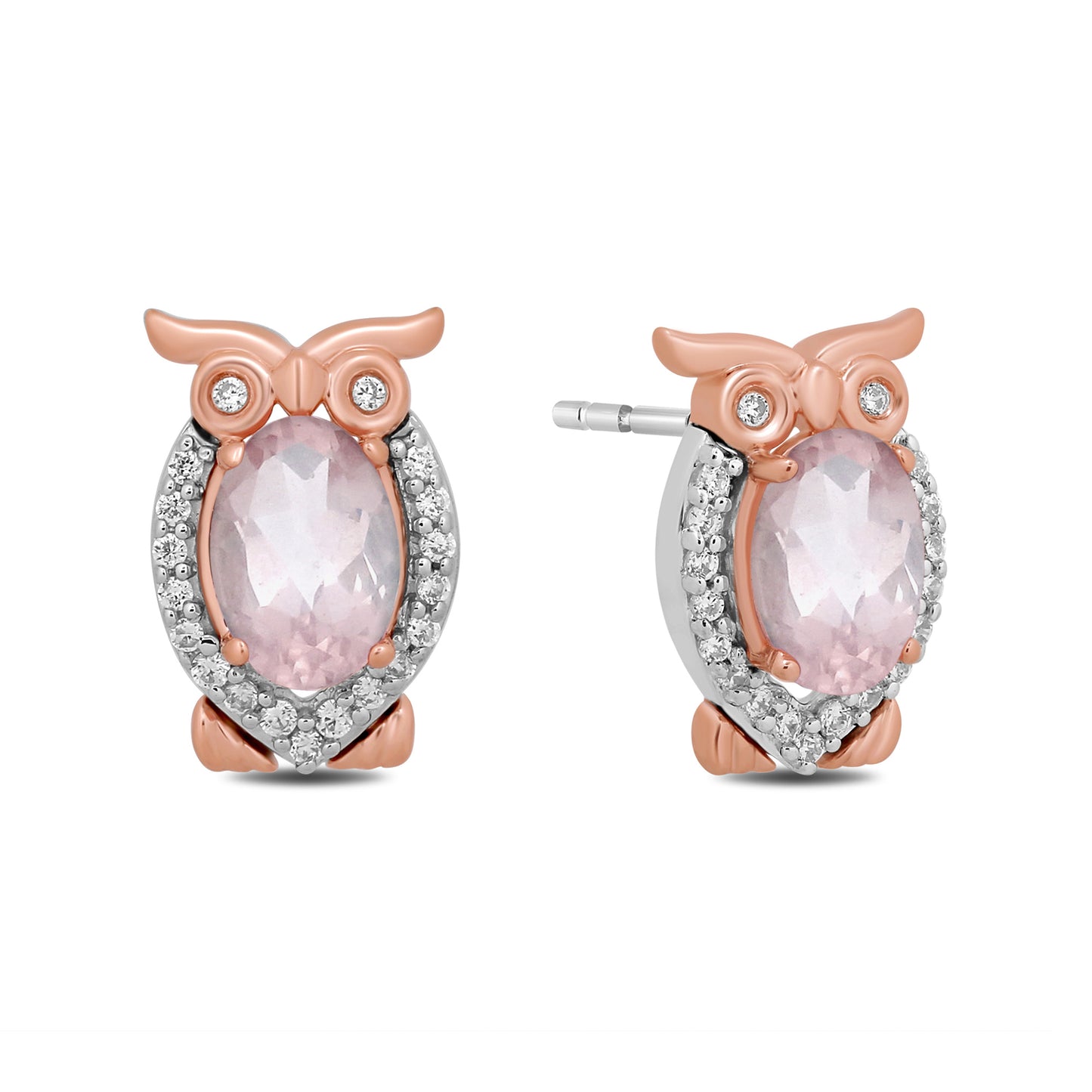 Enchanted Disney Fine Jewelry Sterling Silver and 10K Rose Gold with 1/10 CTTW Diamond and Pink Quartz Aurora Owl Stud Earrings