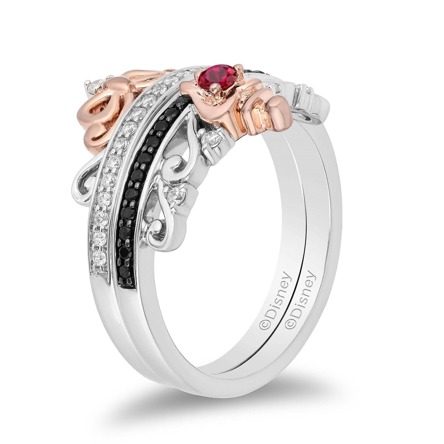 Enchanted Disney Fine Jewelry Sterling Silver and 10K Rose Gold with 1/4 CTTW Diamond and Ruby Snow White and Evil Queen Duo Ring Set