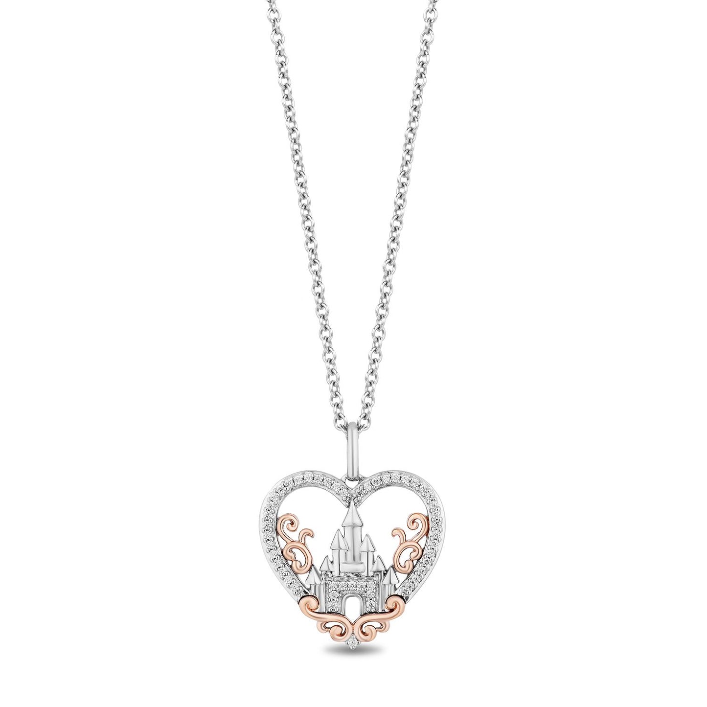 Enchanted Disney Fine Jewelry Sterling Silver and 10K Rose Gold 1/8 CTTW Diamond Majestic Princess Castle Heart Pendant Necklace