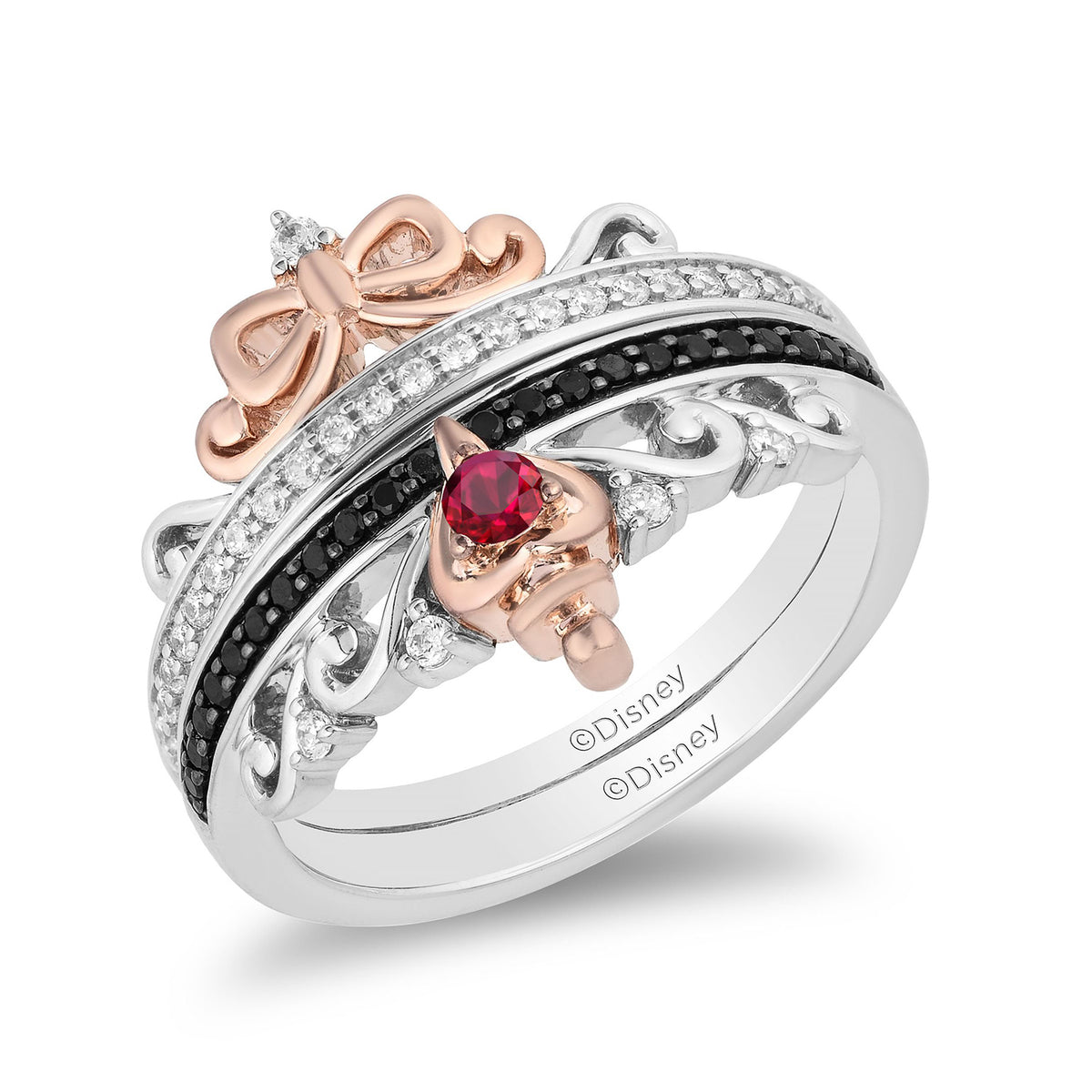 Enchanted Disney Fine Jewelry Sterling Silver and 10K Rose Gold with 1 4 CTTW Diamond and Ruby Snow White and Evil Queen Duo Ring Set