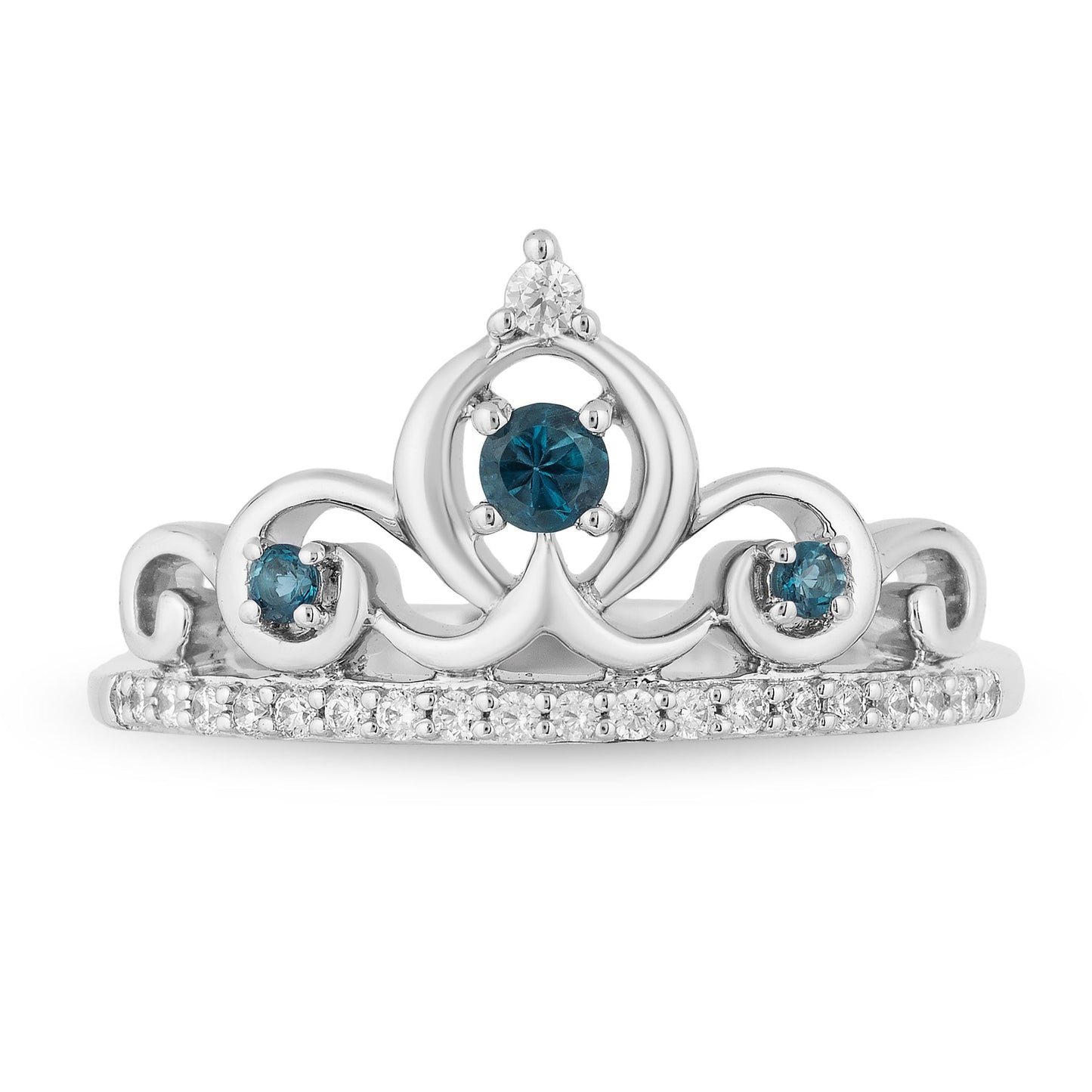 Enchanted Disney Fine Jewelry Sterling Silver 1/6 CTTW Diamond and London Blue Topaz Cinderella Tiara Ring