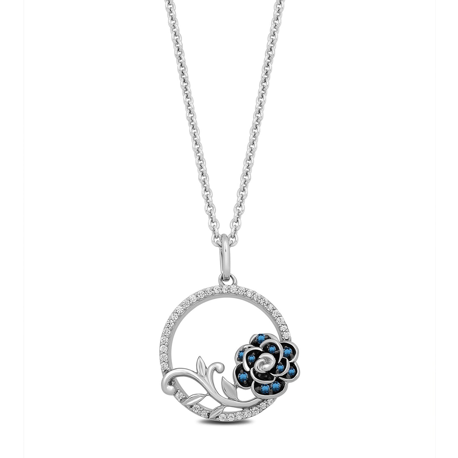 Disney Cinderella Inspired Diamond and London Blue Topaz Flower Necklace Pendant in Sterling Silver 1/6 CTTW View 1
