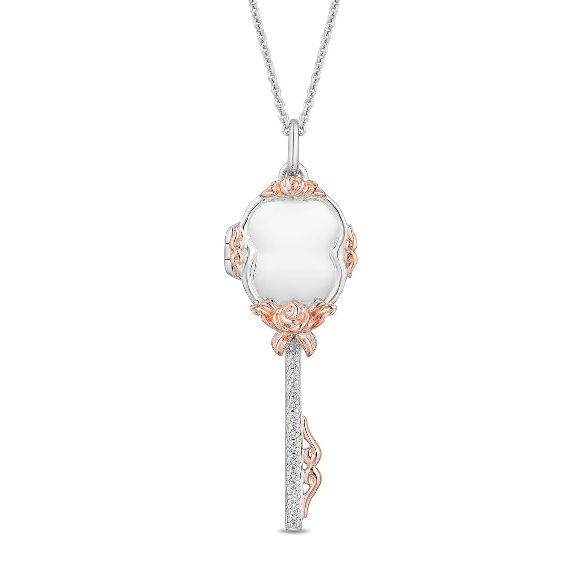 Enchanted Disney Fine Jewelry 14K Rose Gold Over Sterling Silver with 1/6  CTTW Belle Rose Key Pendant Necklace