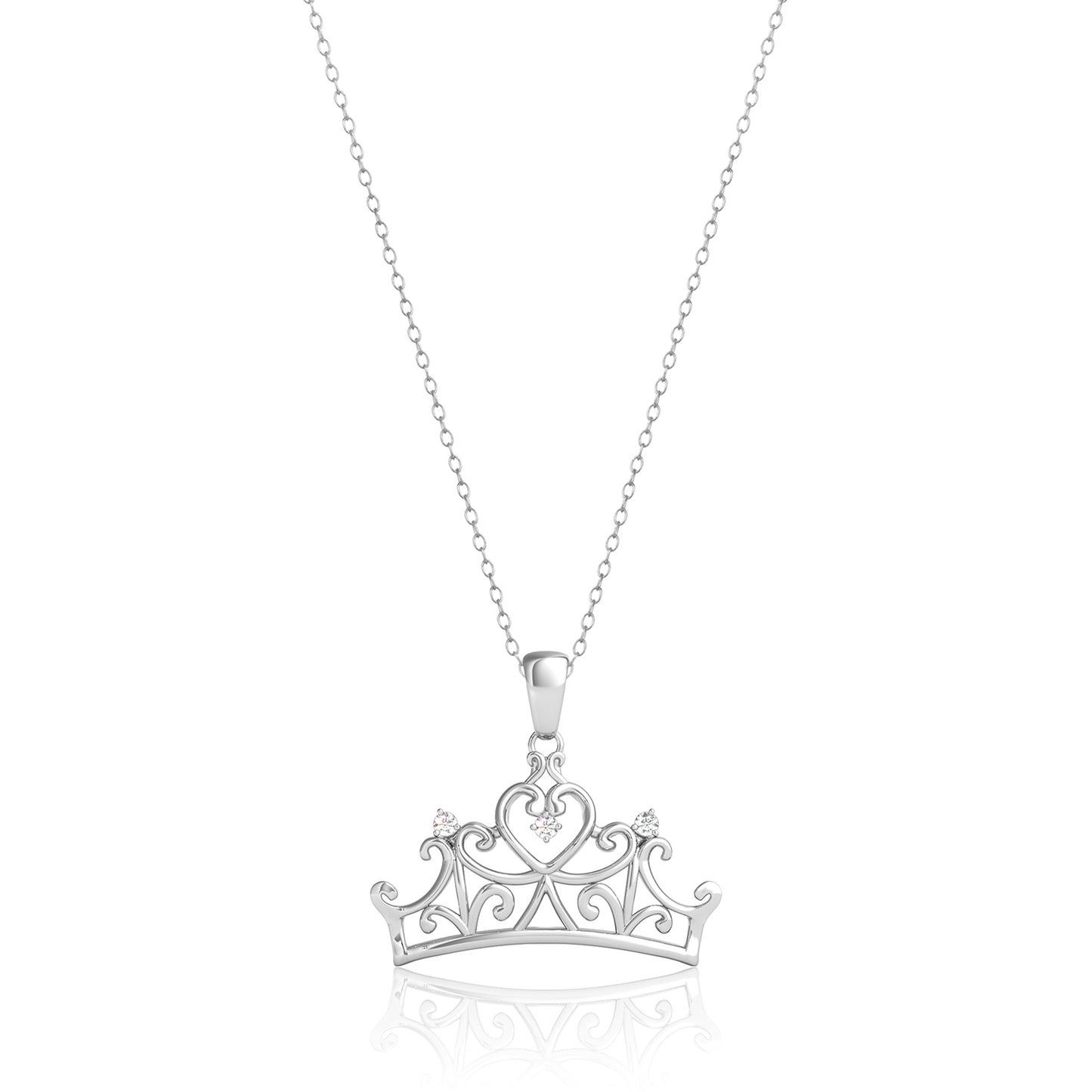 Enchanted Disney Fine Jewelry Sterling Silver with 1/20 CTTW Diamond, Majestic Princess Crown Necklace