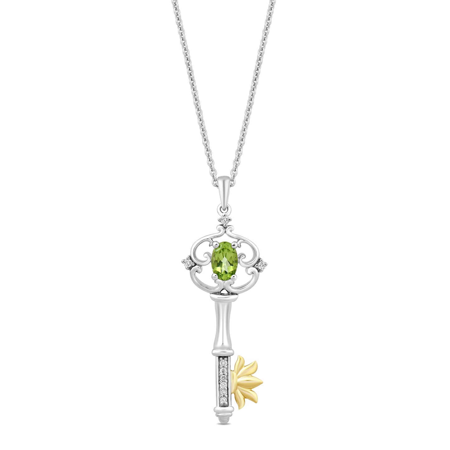 Enchanted Disney Fine Jewelry Sterling Silver and 10K Yellow Gold with 1/20 CTTW Diamond and Peridot Tiana Water Lily Key Pendant Necklace