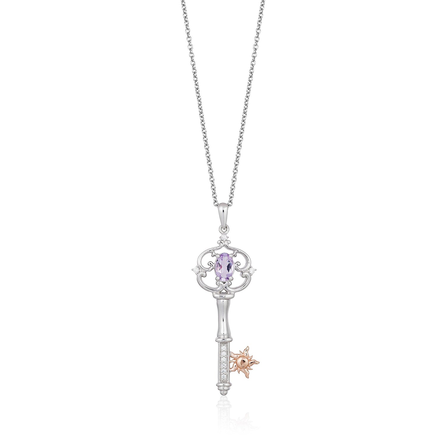 Disney Rapunzel Inspired Diamond and Rose-De-France Key Necklace Pendant in 14K Rose Gold over Sterling Silver 1/20 CTTW View 1