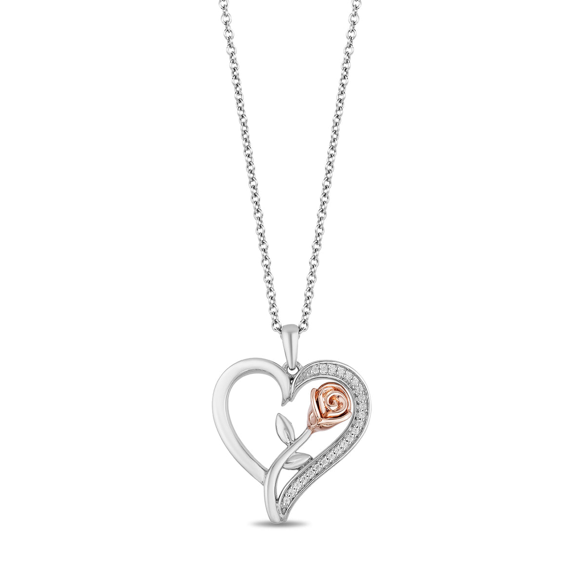 Disney Belle Inspired Diamond Rose with Heart Pendant Necklace in 10K Sterling Silver & Rose Gold 1/6 Cttw | Enchanted Disney Fine Jewelry
