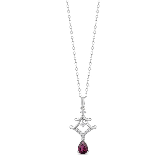 Enchanted Disney Fine Jewelry Sterling Silver with 1/10 CTTW Diamond and Rhodolite Garnet Mulan Pagoda Pendant Necklace