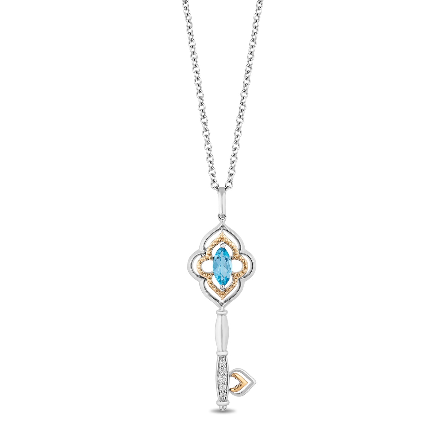 Enchanted Disney Fine Jewelry Sterling Silver and 10K Yellow Gold with 1/20 CTTW Diamond And Swiss Blue Topaz Jasmine Pendant Necklace