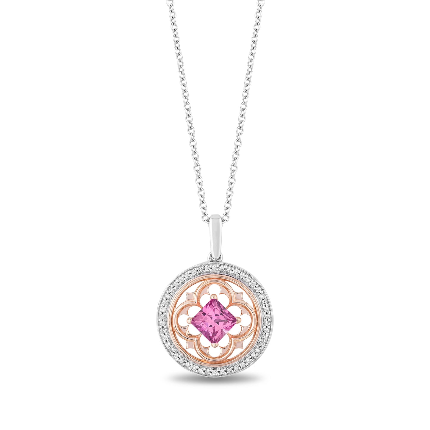 Enchanted Disney Fine Jewelry 14K Rose Gold Over Sterling Silver with 1/5 CTTW Diamond and Created Pink Sapphire Aurora Pendant Necklace