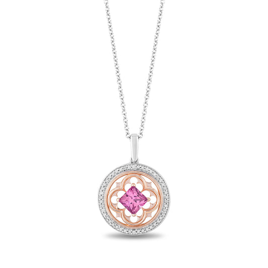 Enchanted Disney Fine Jewelry 14K Rose Gold Over Sterling Silver with 1/5 CTTW Diamond and Created Pink Sapphire Aurora Pendant Necklace