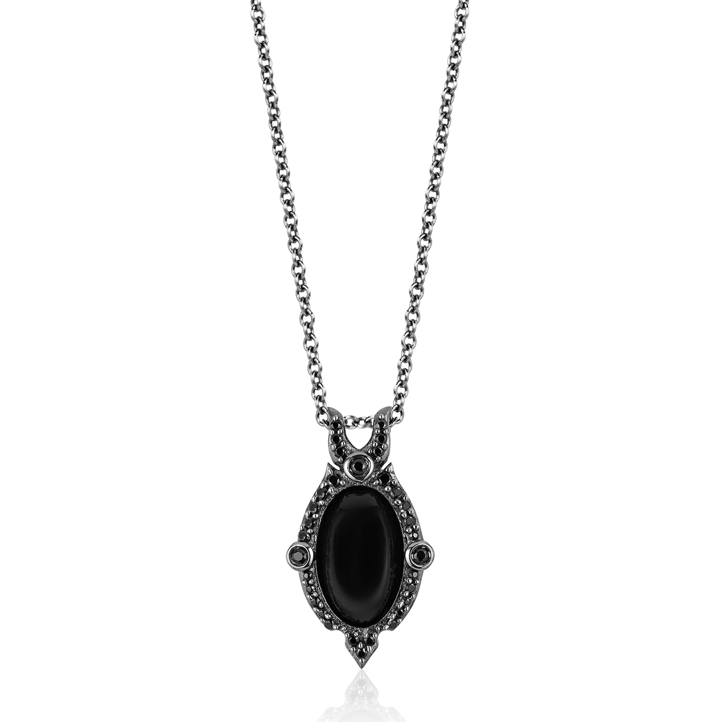 Enchanted Disney Fine Jewelry Black Rhodium Over Sterling Silver with 1/4 CTTW Diamond And Black Onyx Maleficent Villain Pendant Necklace