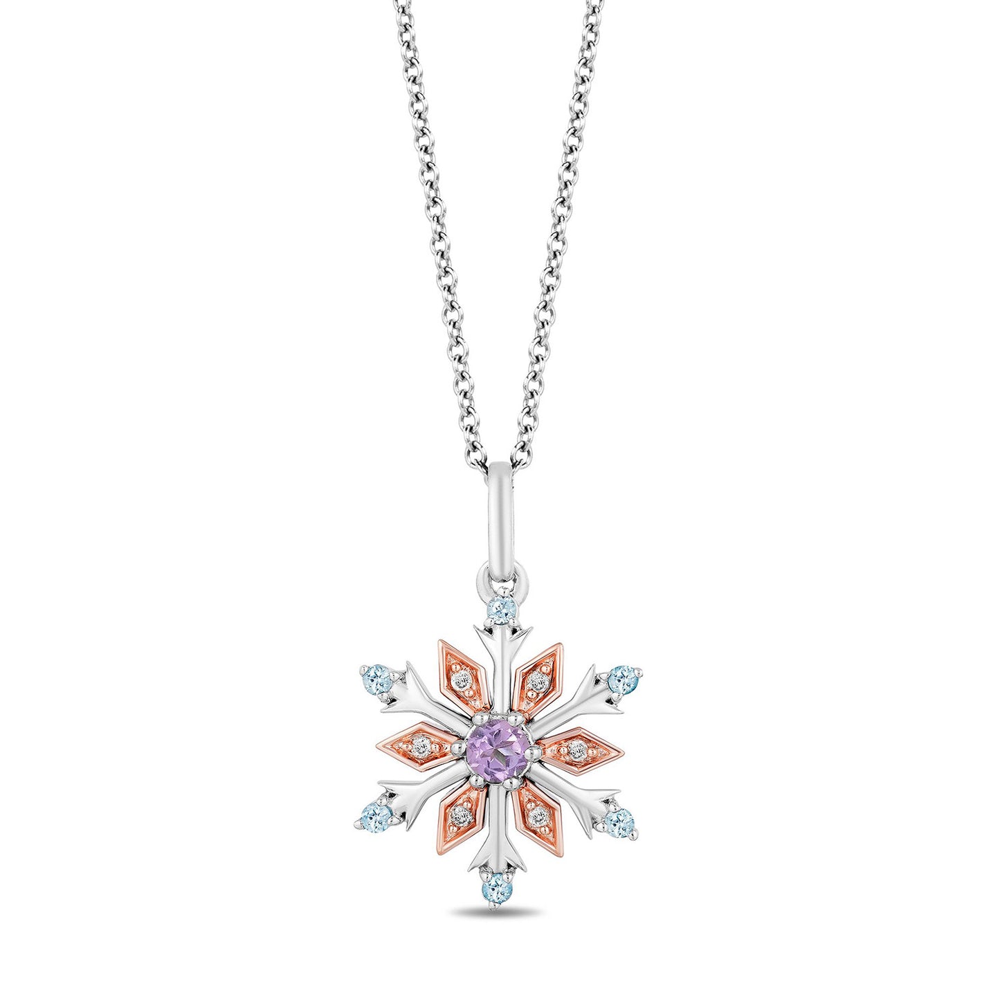 Enchanted Disney Fine Jewelry 14K Rose Gold over Sterling Silver 1/20 CTTW Diamond with Swiss Blue Topaz and Rose De France Elsa Snowflake Pendant Necklace