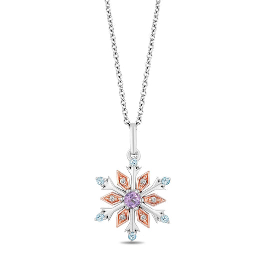 Enchanted Disney Fine Jewelry 14K Rose Gold over Sterling Silver 1/20 CTTW Diamond with Swiss Blue Topaz and Rose De France Elsa Snowflake Pendant Necklace