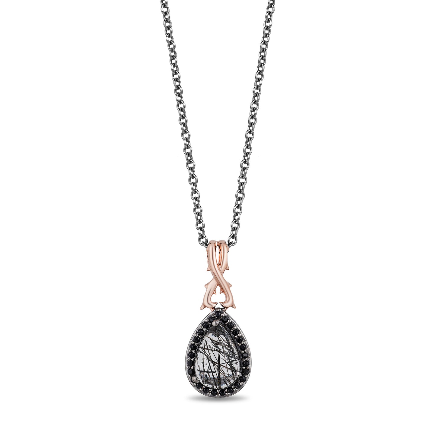Enchanted Disney Fine Jewelry Black Rhodium over Sterling Silver and 10K Rose Gold with 1/10 CTTW Diamond and Rutile Quartz Maleficent Pendant Necklace