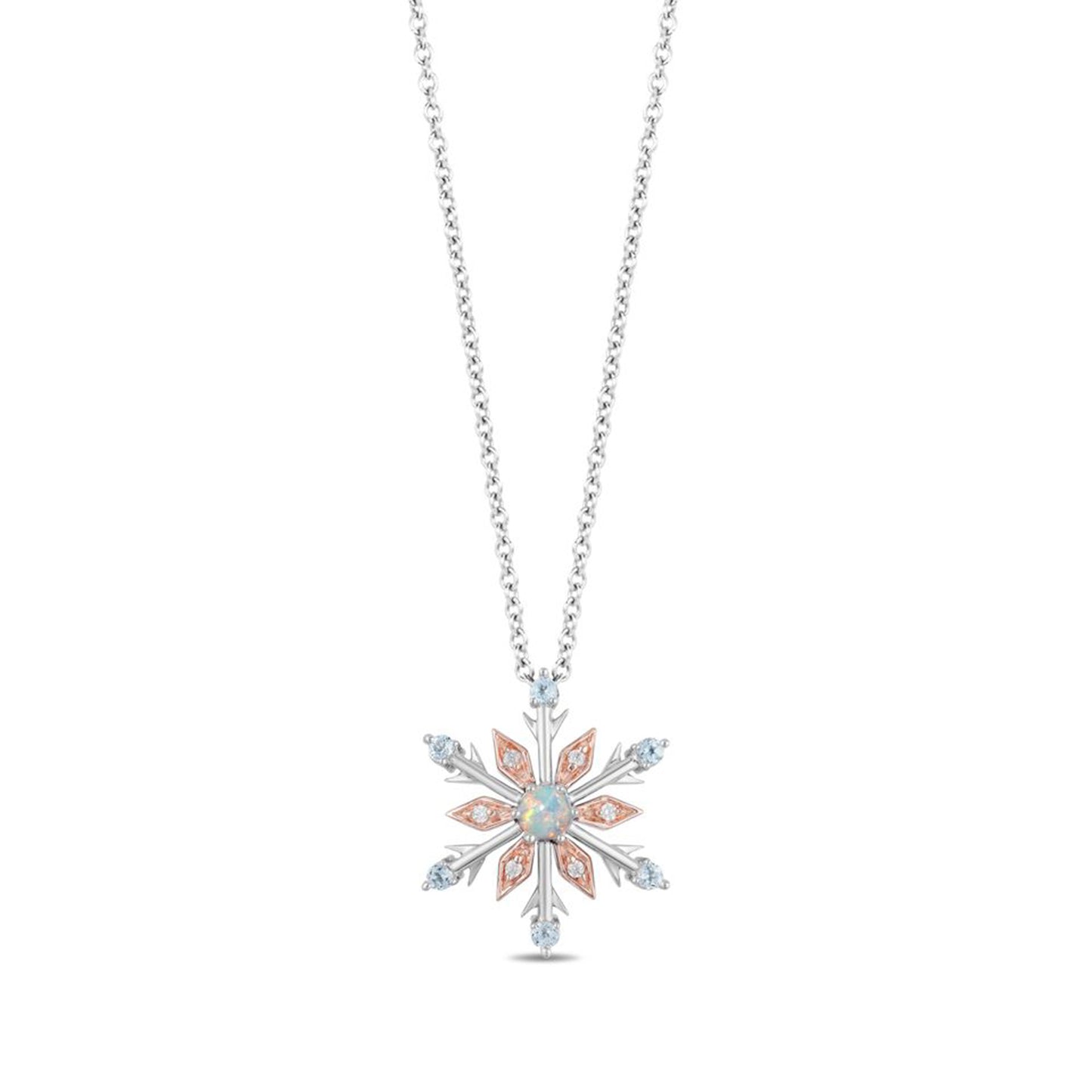 Enchanted Disney Fine Jewelry 14K Rose Gold over Sterling Silver with 1/20 CTTW Diamond with Swiss Blue Topaz And Created Opal Elsa Pendant Necklace