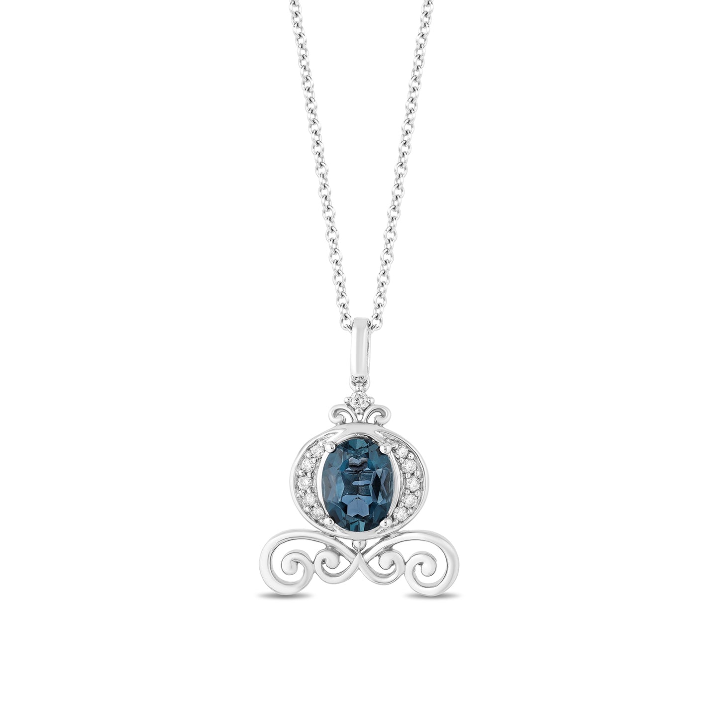 Enchanted Disney Fine Jewelry Sterling Silver with 1/10 CTTW Diamonds and London Blue Topaz Cinderella Carriage Pendant Necklace