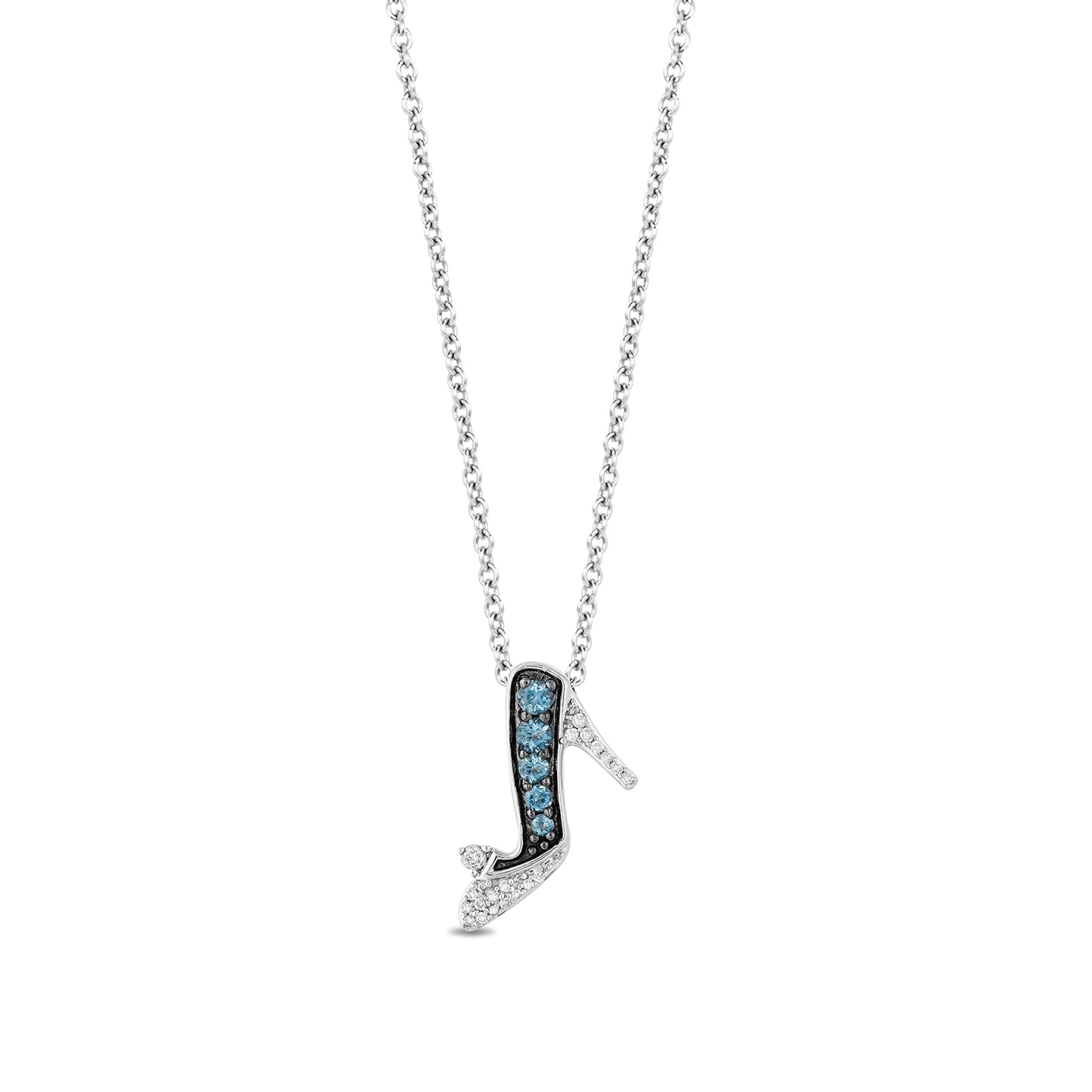 Enchanted Disney Fine Jewelry Sterling Silver with 1/20 CTTW Diamonds and London Blue Topaz, Disney's Cinderella Glass Slipper Pendant Necklace