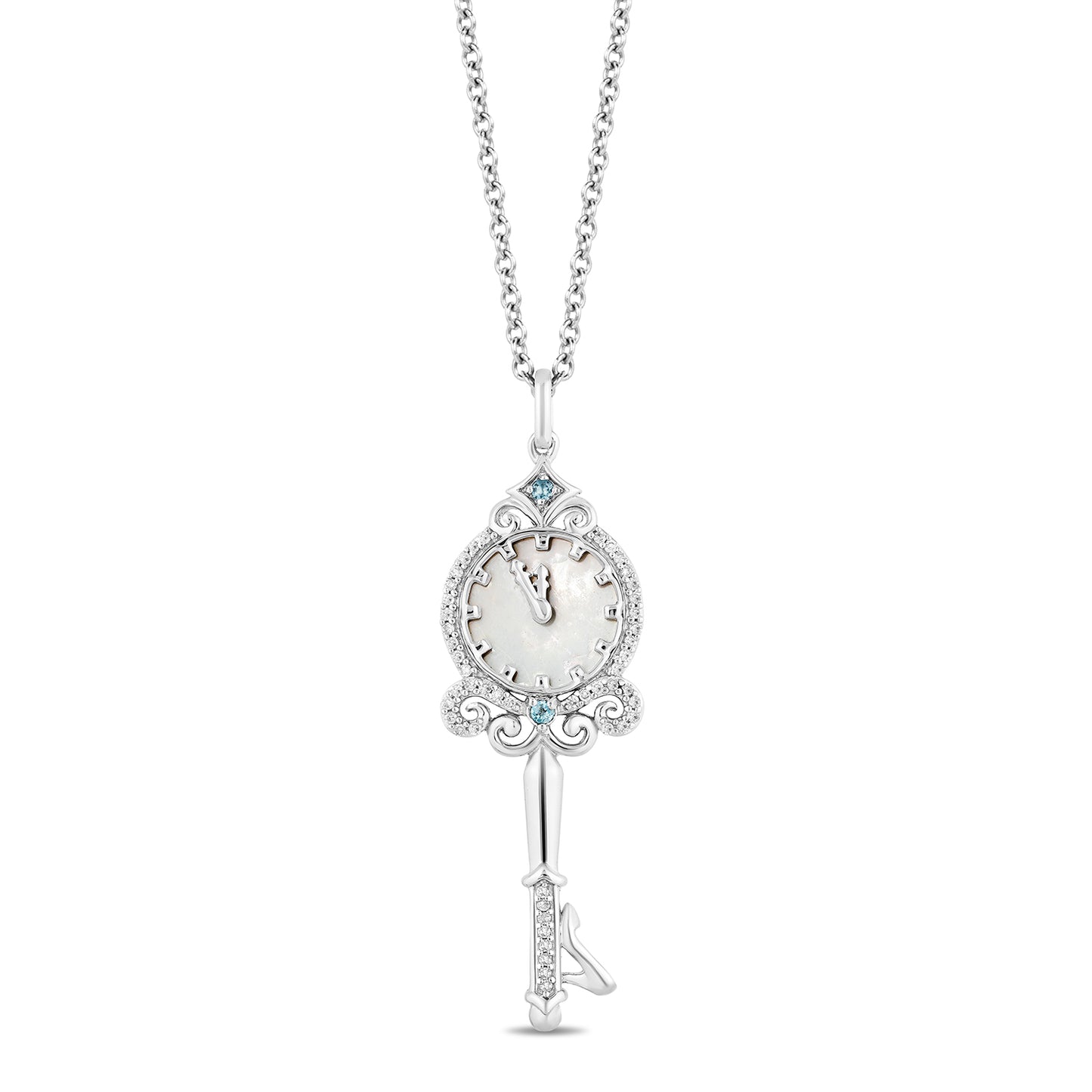 Enchanted Disney Fine Jewelry Sterling Silver with 1/10 CTTW Diamonds and London Blue Topaz and Mother of Pearl Cinderella 70th Anniversary Key Pendant Necklace