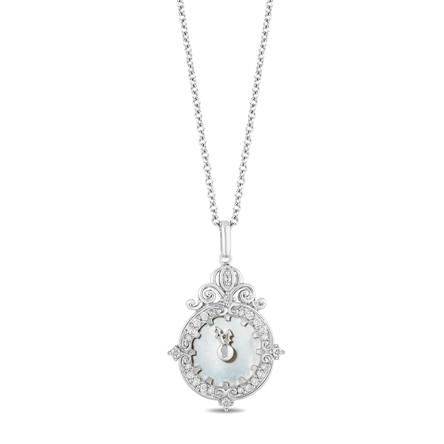Disney Cinderella Inspired Diamonds and Mother-of-Pearl Clock Necklace Pendant in Sterling Silver 1/8 CTTW View 1