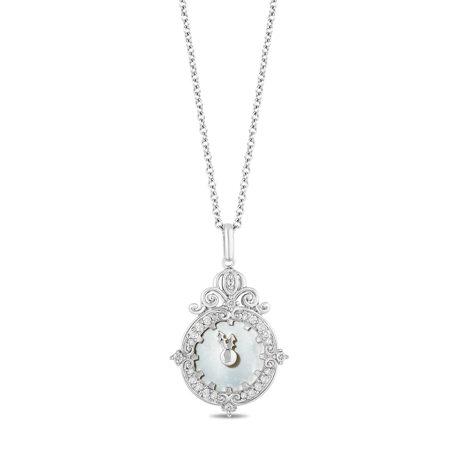 Disney Cinderella Inspired Diamonds and Mother-of-Pearl Clock Necklace Pendant in Sterling Silver 1/8 CTTW View 1