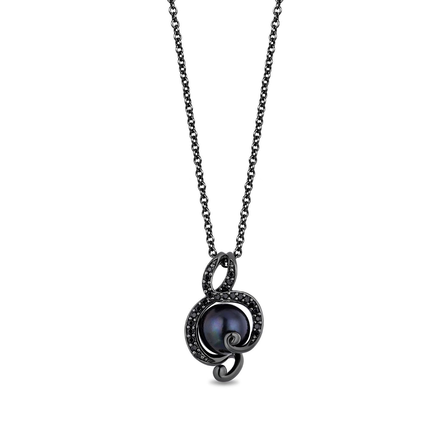 Enchanted Disney Fine Jewelry Black Rhodium over Sterling Silver with 1/5 CTTW Black Diamond and Black Pearl Ursula Pendant Necklace