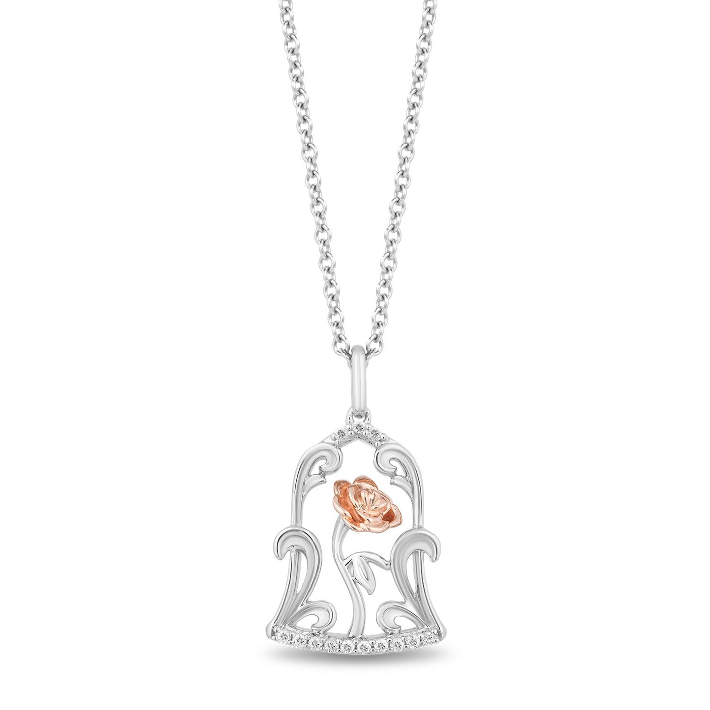 Enchanted Disney Fine Jewelry Sterling Silver and 10K Rose Gold with 1/10 CTTW Diamond Belle Jar Pendant Necklace