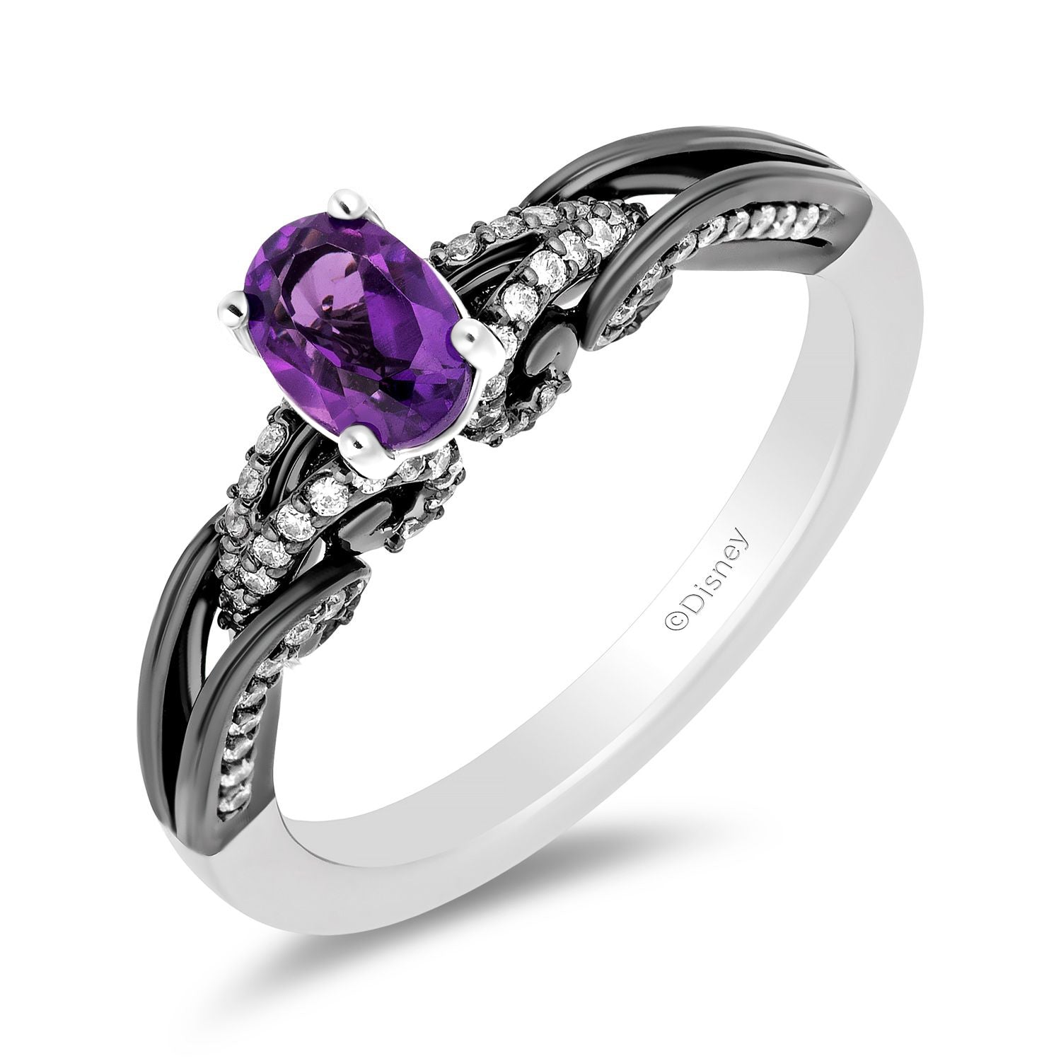 Disney Villain Ursula Inspired Oval Amethyst Gemstone Engagement Ring in 14K White Gold with Black Rhodium 1/4 CTTW View 1