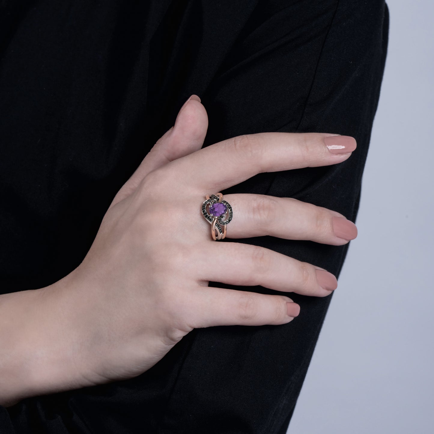 Enchanted Disney Fine Jewelry 14K Rose Gold over Sterling Silver  Black Rhodium with 1/5 CTTW Diamond and Amethyst Ursula Ring