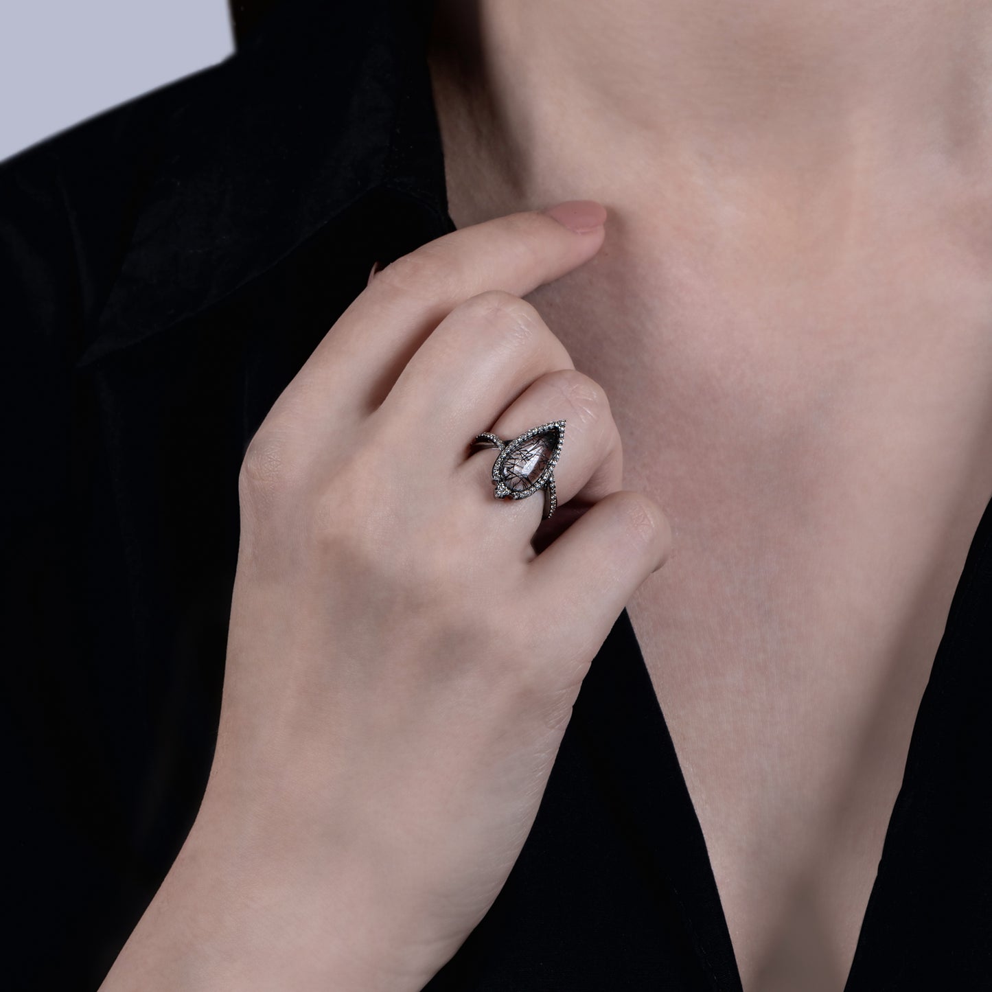 Enchanted Disney Fine Jewelry Black Rhodium over Sterling Silver 1/4 CTTW Diamond with Rutile Quartz Maleficent Ring