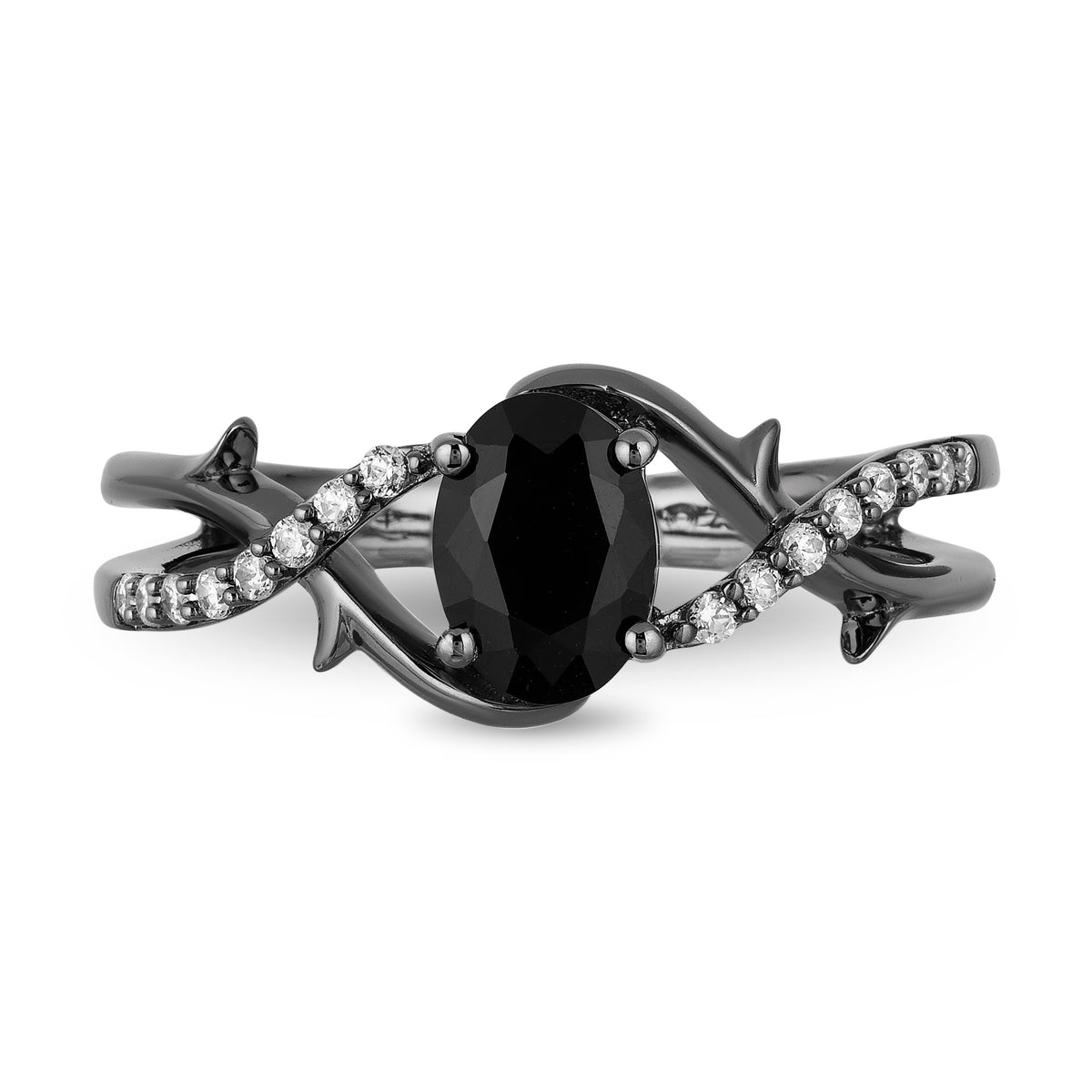Enchanted Disney Fine Jewelry Black Rhodium Over Sterling Silver with 1/10 CTTW Diamond and Black Onyx Maleficent Ring