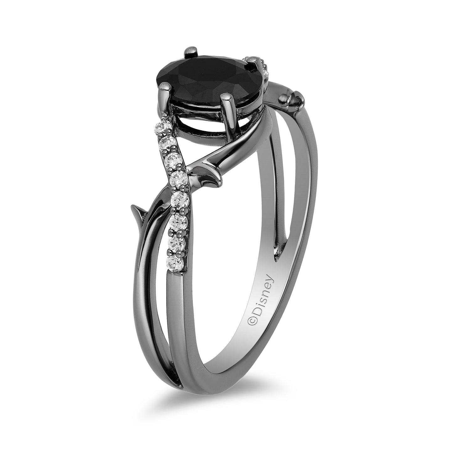 Enchanted Disney Fine Jewelry Black Rhodium Over Sterling Silver with 1/10 CTTW Diamond and Black Onyx Maleficent Ring
