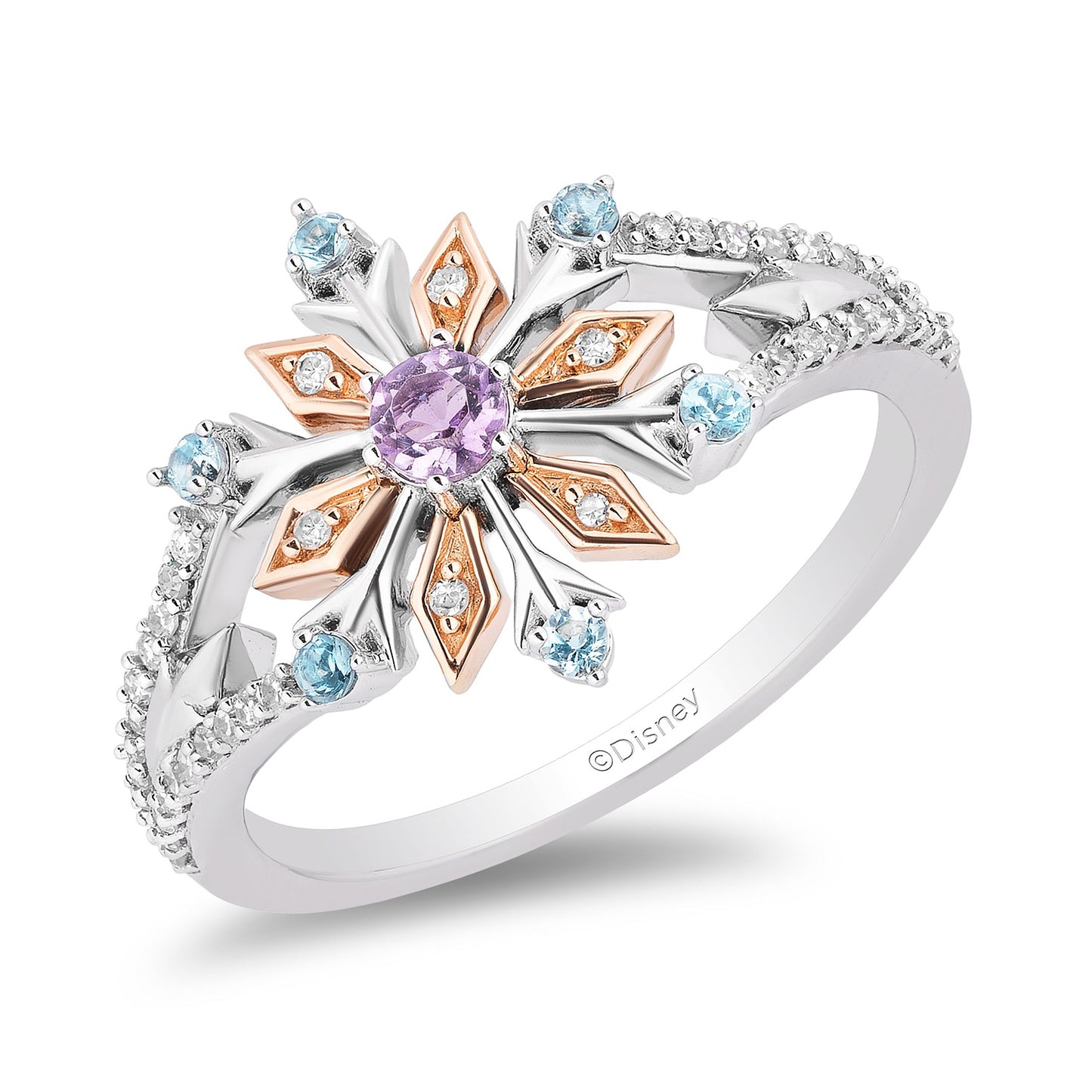 Enchanted Disney Fine Jewelry 14K Rose Gold Over Sterling Silver with 1/6 CTTW Diamonds, Swiss Blue Topaz and Rose De France, Disney's Frozen Elsa Snowflake Ring