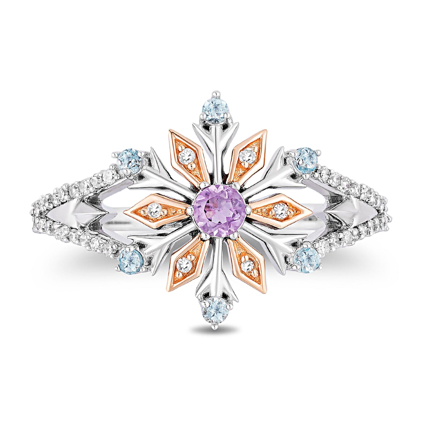 Enchanted Disney Fine Jewelry 14K Rose Gold Over Sterling Silver with 1/6 CTTW Diamonds, Swiss Blue Topaz and Rose De France, Disney's Frozen Elsa Snowflake Ring