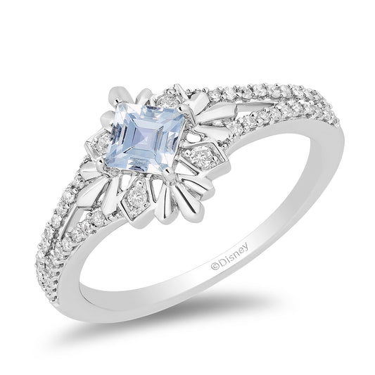 Enchanted Disney Fine Jewelry Sterling Silver with 1/5 CTTW Aquamarine Centre Diamond Frozen 2 Elsa Snowflake Ring