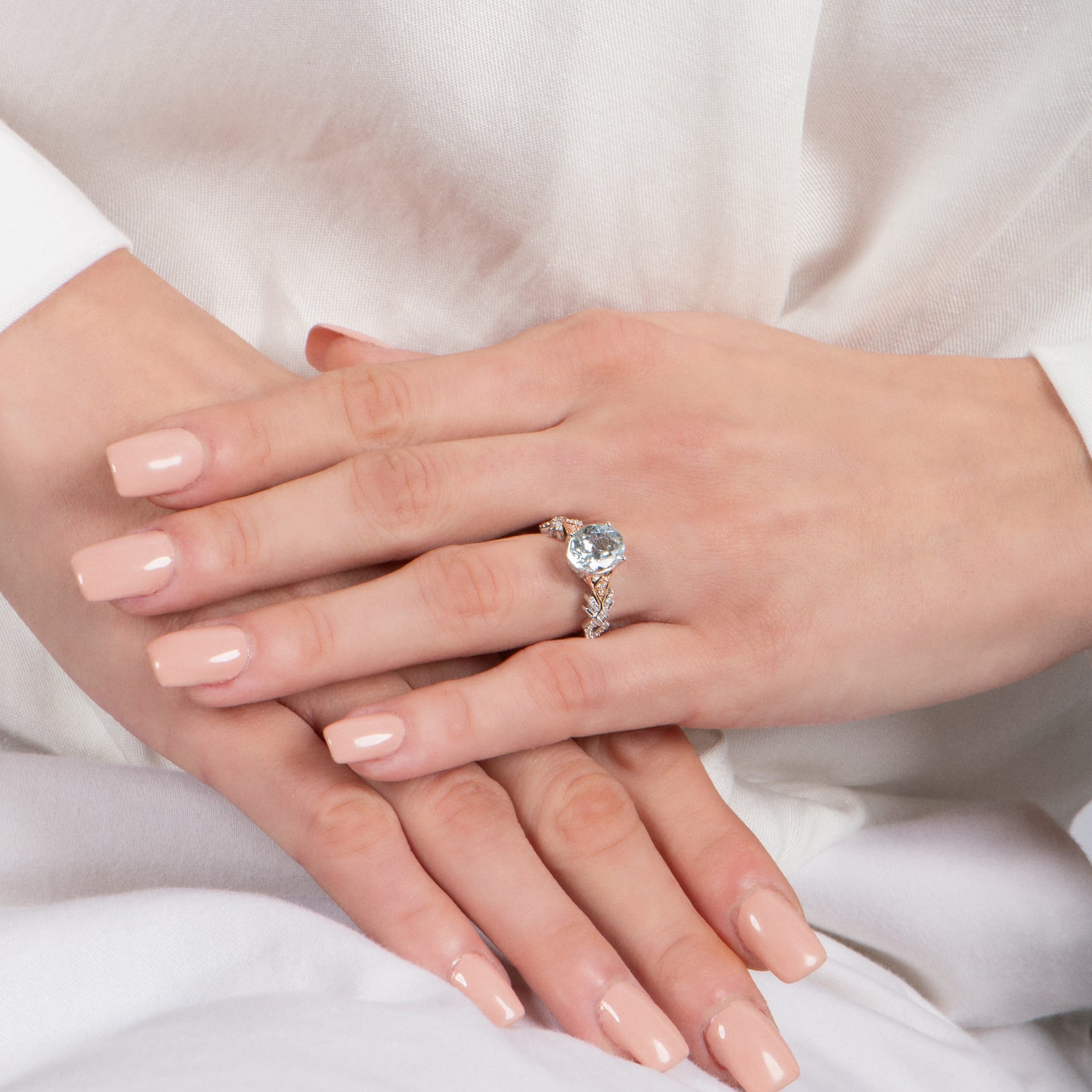 Enchanted Disney Fine Jewelry 10K White Gold and Rose Gold with 1/6 CTTW Diamond and Aquamarine Elsa Engagement Ring