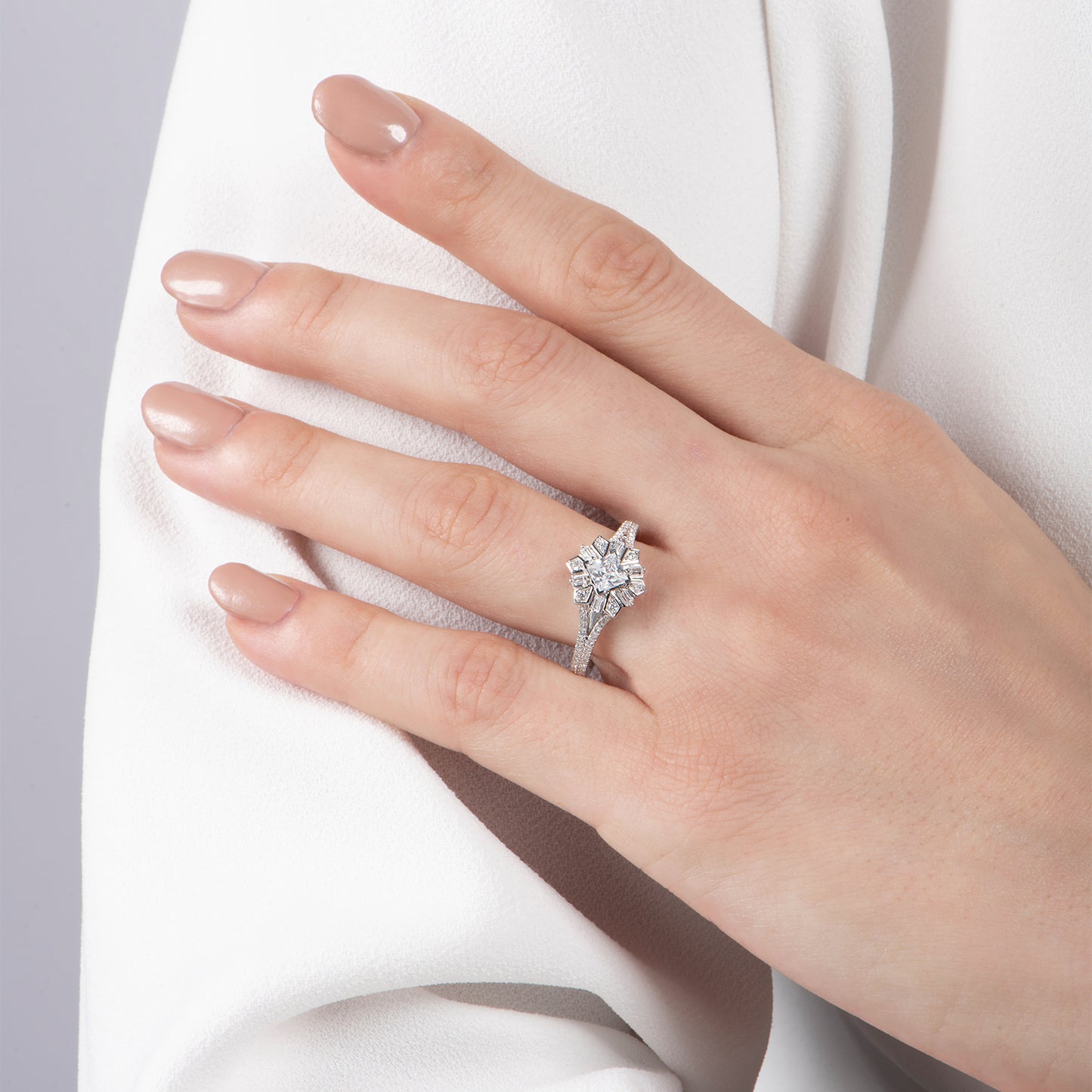 Enchanted Disney Fine Jewelry 14K White Gold with 3/4 CTTW Princess Baguette and Round Shape Diamond Elsa Snowflake Engagement Ring