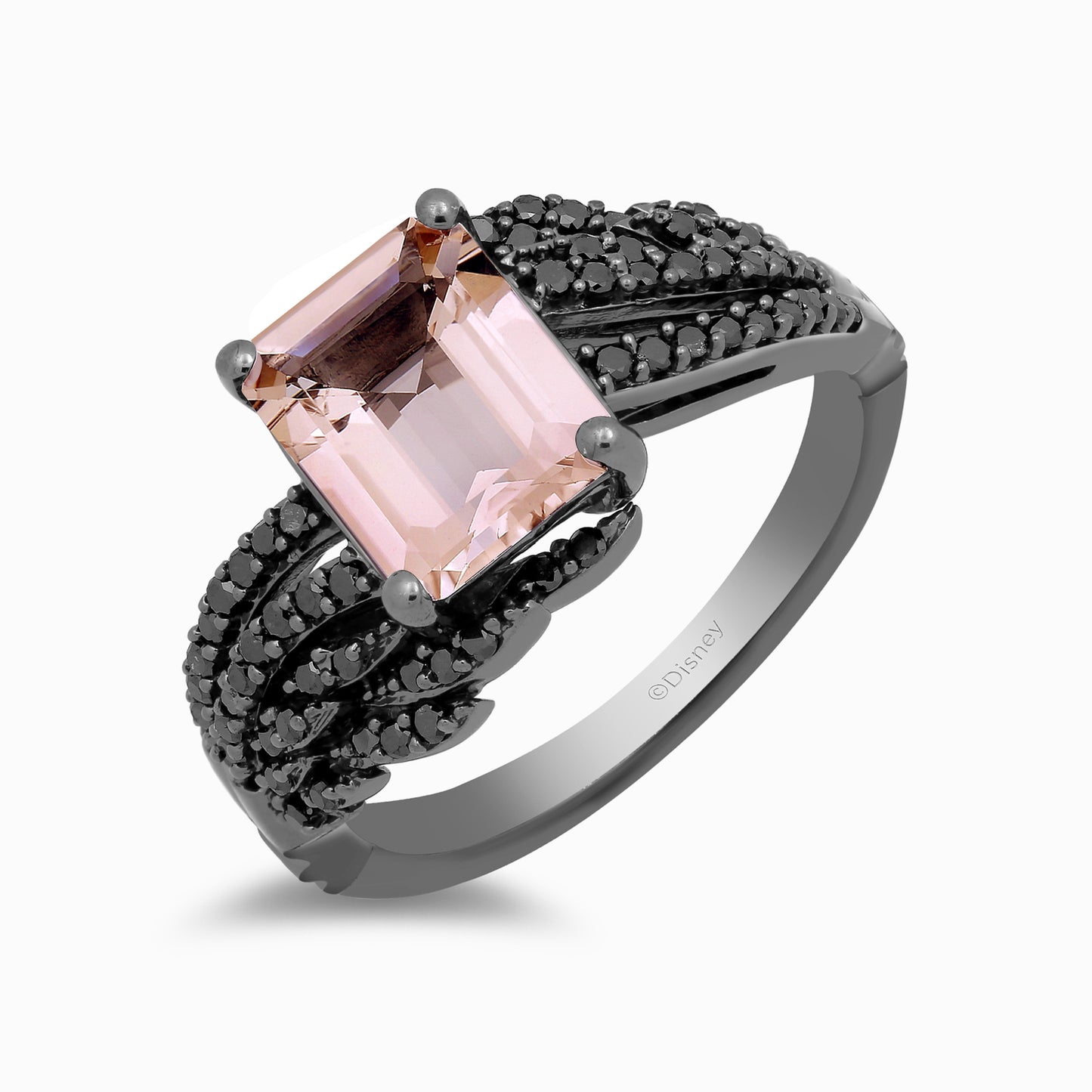 Enchanted Disney Fine Jewelry Black Rhodium over Sterling Silver with 1/3 CTTW Black Diamond and Morganite Maleficent Aurora Ring