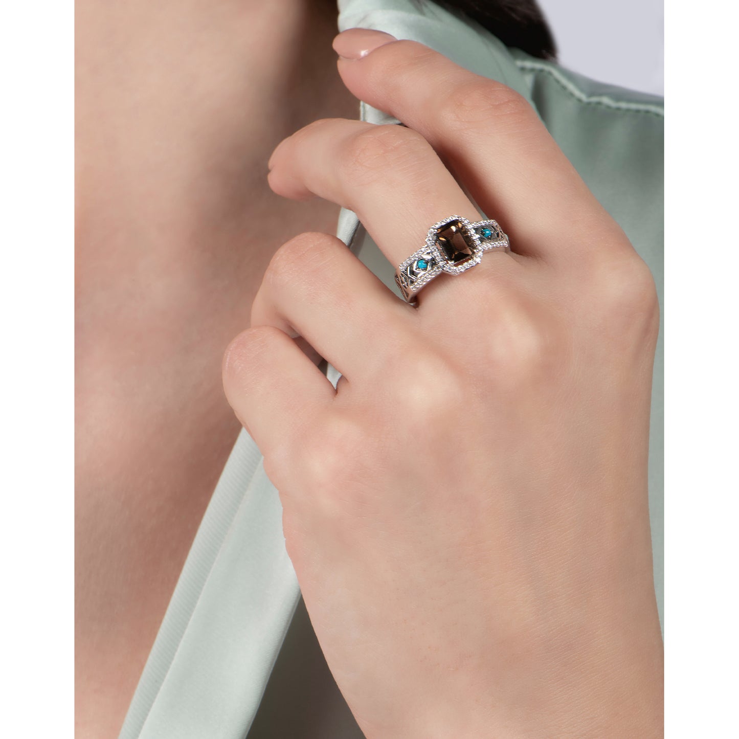 Enchanted Disney Fine Jewelry Sterling Silver with 1/5 CTTW Diamond with Smokey Quartz and Turquoise Pocahontas Ring