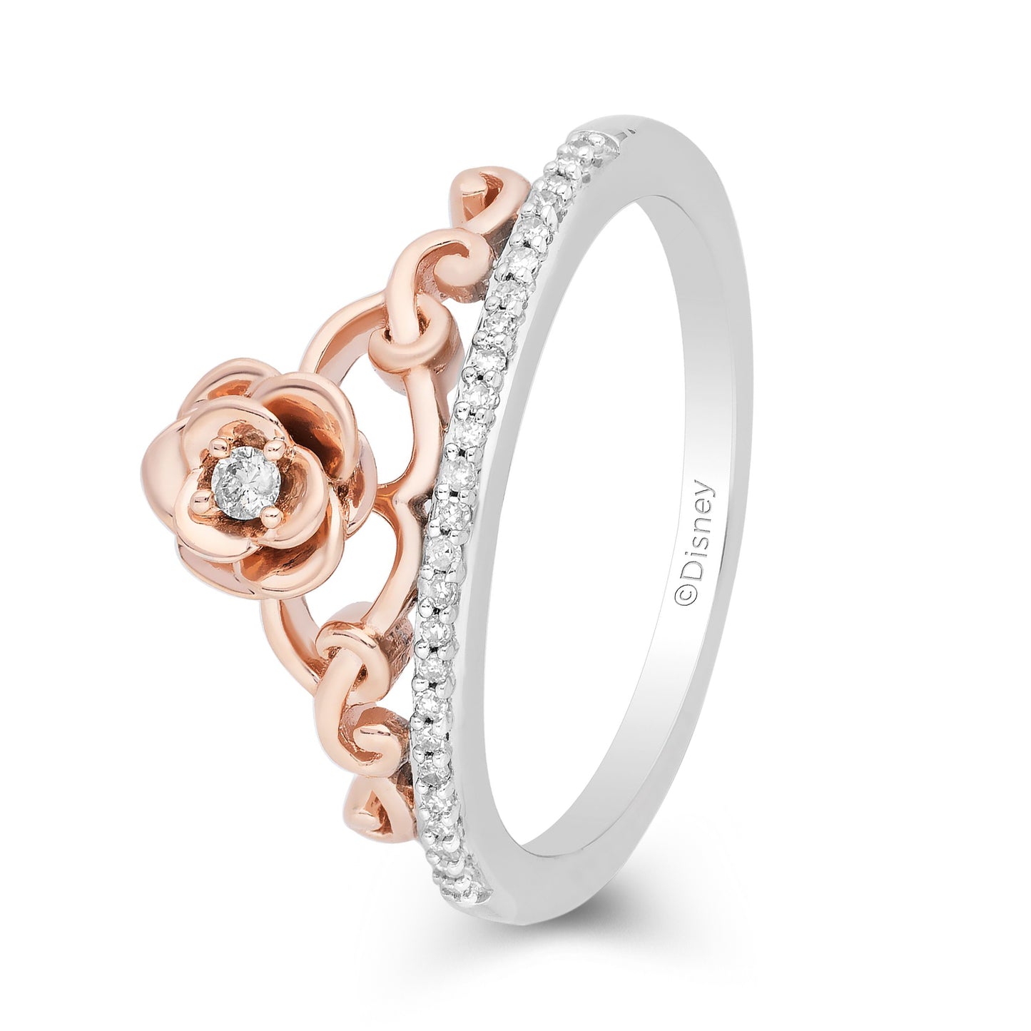 Enchanted Disney Fine Jewelry 14K Rose Gold over Sterling Silver with 1/10 CTTW Diamonds Belle Rose Ring