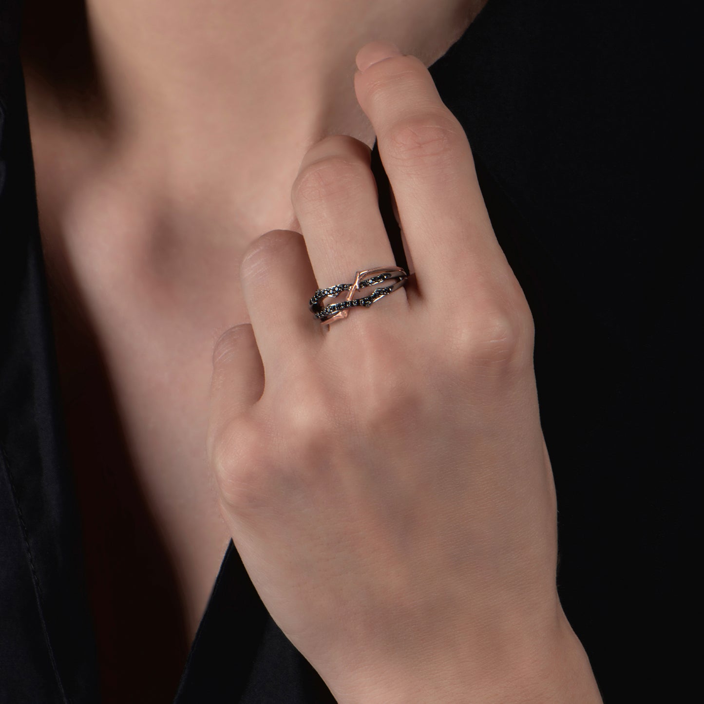 Enchanted Disney Fine Jewelry 10K Rose Gold and Black Rhodium Over Sterling Silver with 1/5 CTTW Black Diamond Maleficent "Thorn" Ring