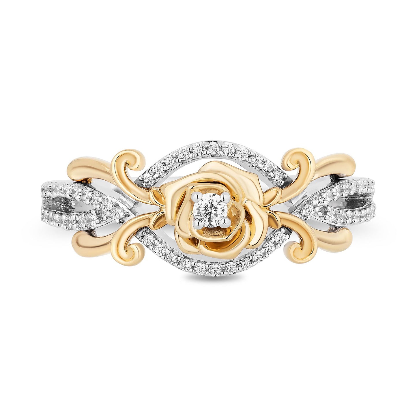Enchanted Disney Fine Jewelry Sterling Silver and 10K Yellow Gold with 1/5 CTTW Diamond Belle Rose Ring